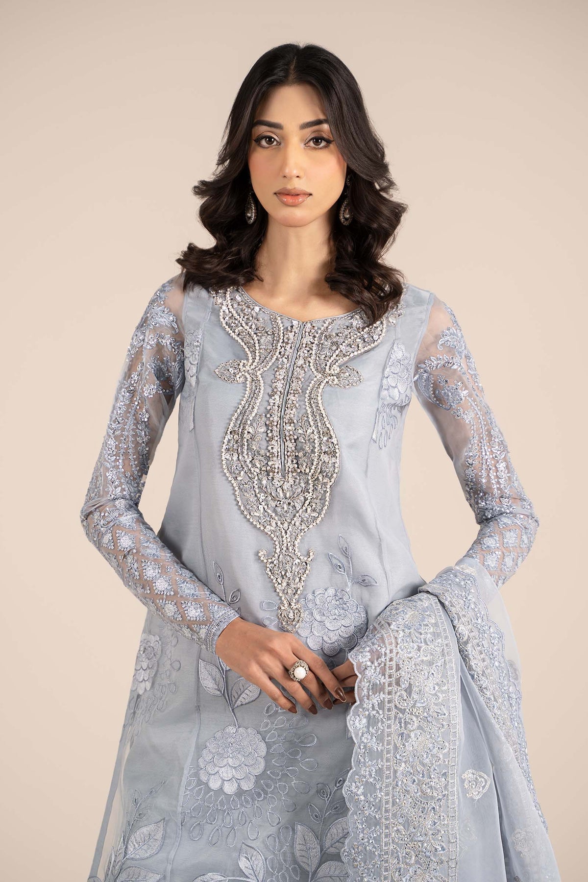 Maria B | Formal Wears | SF-EF25-51-Brand:Maria B-Type:Ladies Clothes-Ice Blue-Organza-House of Maryam- Buy in UK, USA