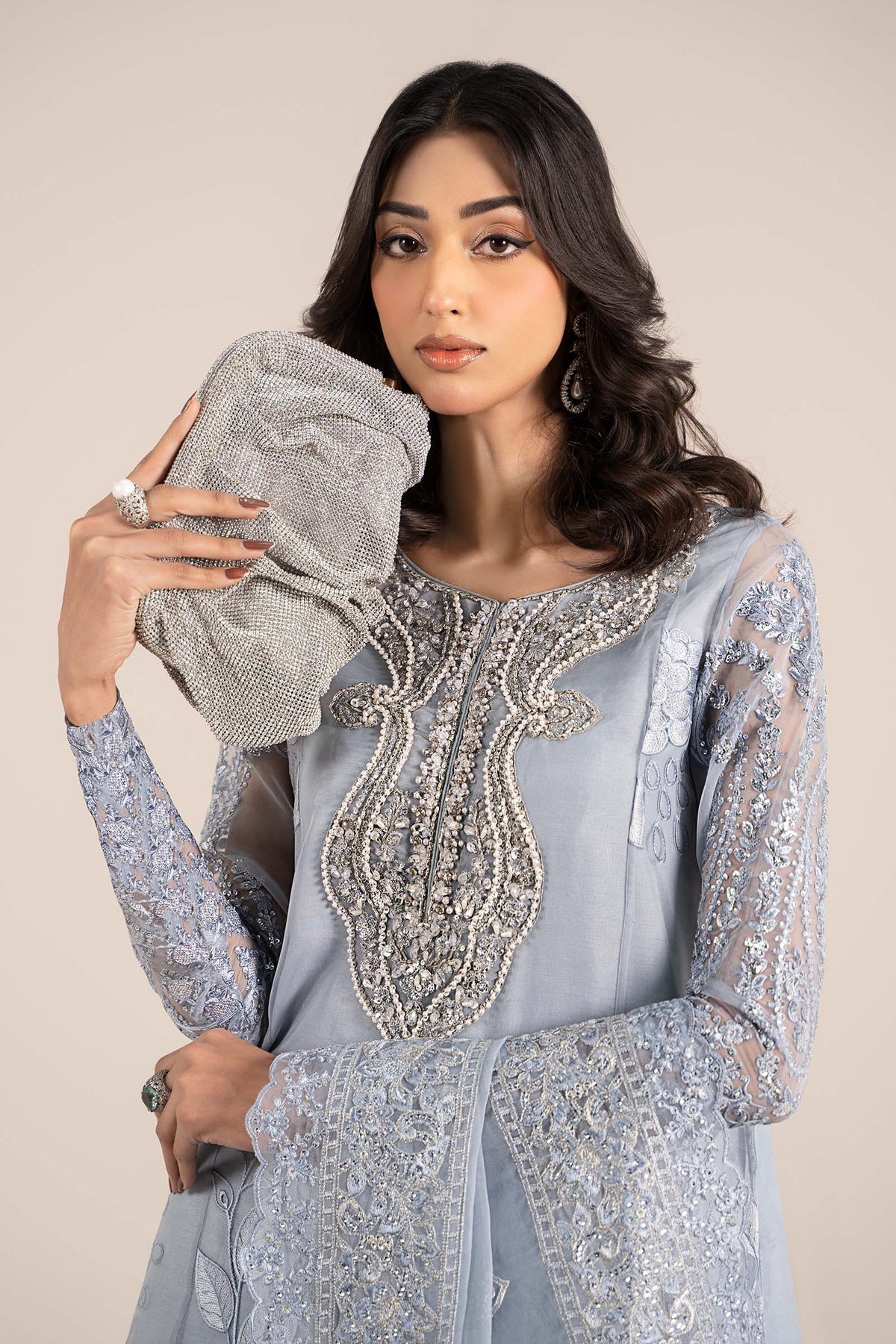 Maria B | Formal Wears | SF-EF25-51-Brand:Maria B-Type:Ladies Clothes-Ice Blue-Organza-House of Maryam- Buy in UK, USA