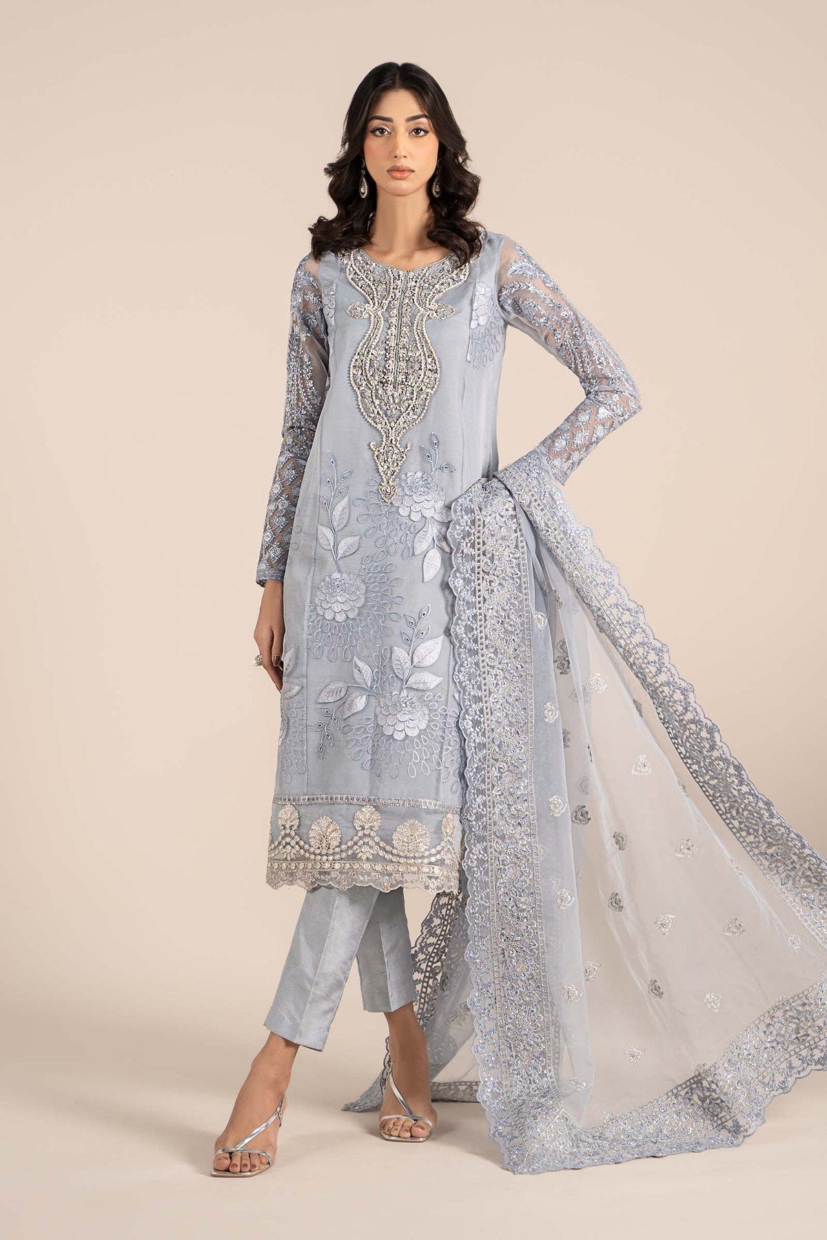 Maria B | Formal Wears | SF-EF25-51-Brand:Maria B-Type:Ladies Clothes-Ice Blue-Organza-House of Maryam- Buy in UK, USA