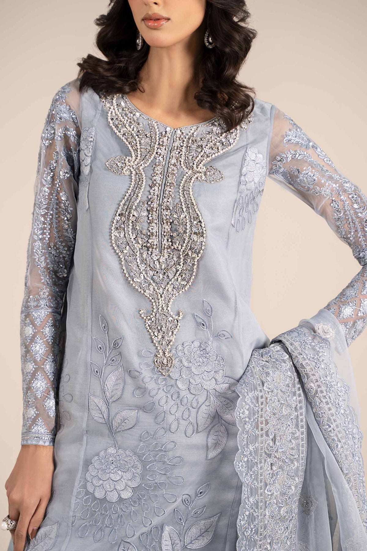 Maria B | Formal Wears | SF-EF25-51-Brand:Maria B-Type:Ladies Clothes-Ice Blue-Organza-House of Maryam- Buy in UK, USA