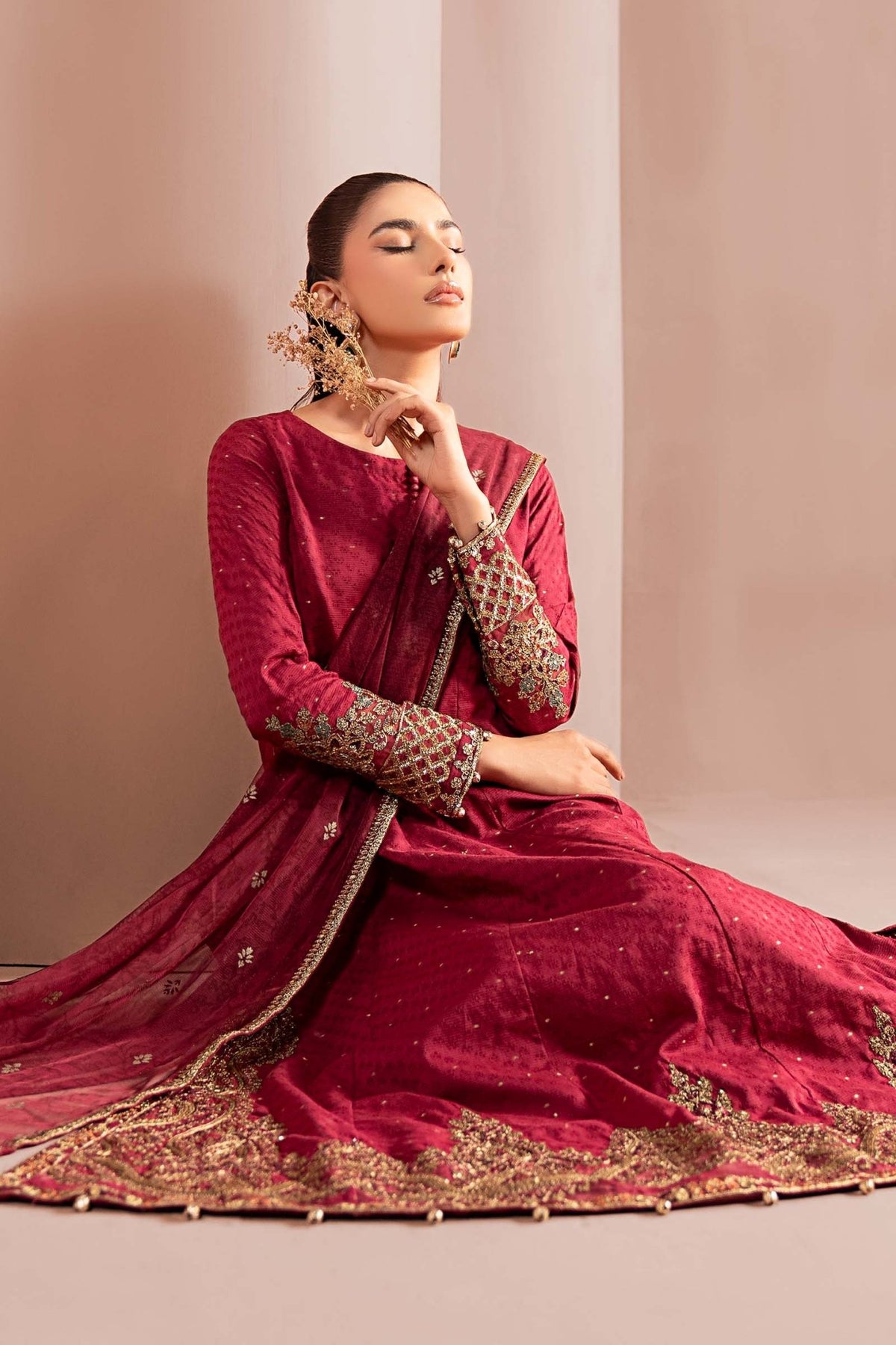 Maria B | Luxury Pret Winter 25 | DW-W25-31-Brand:Maria B-Type:Ladies Clothes-Redish Pink-Filament Viscose-House of Maryam- Buy in UK, USA
