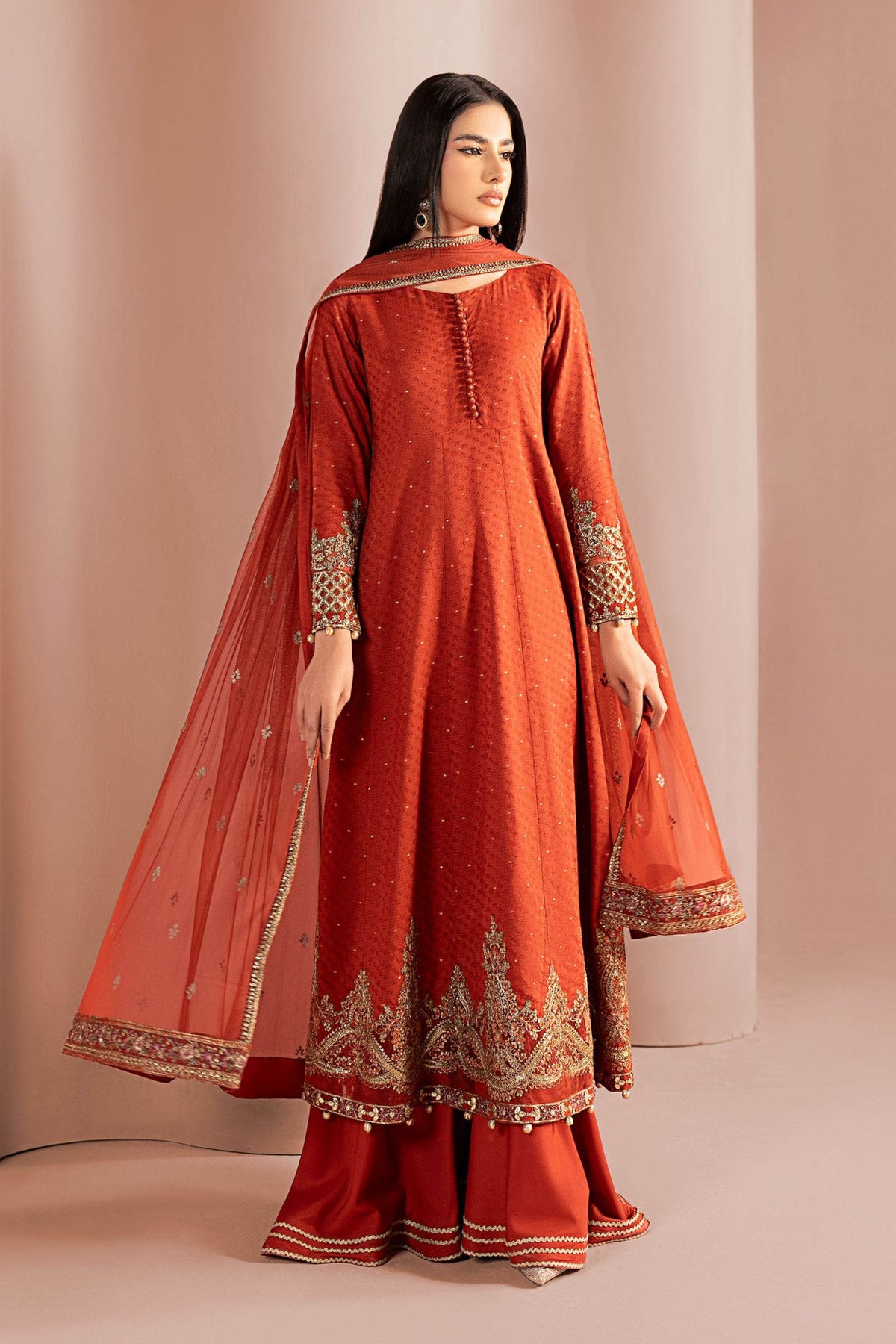 Maria B | Luxury Pret Winter 25 | DW-W25-31-Brand:Maria B-Type:Ladies Clothes-Rust-Filament Viscose-House of Maryam- Buy in UK, USA