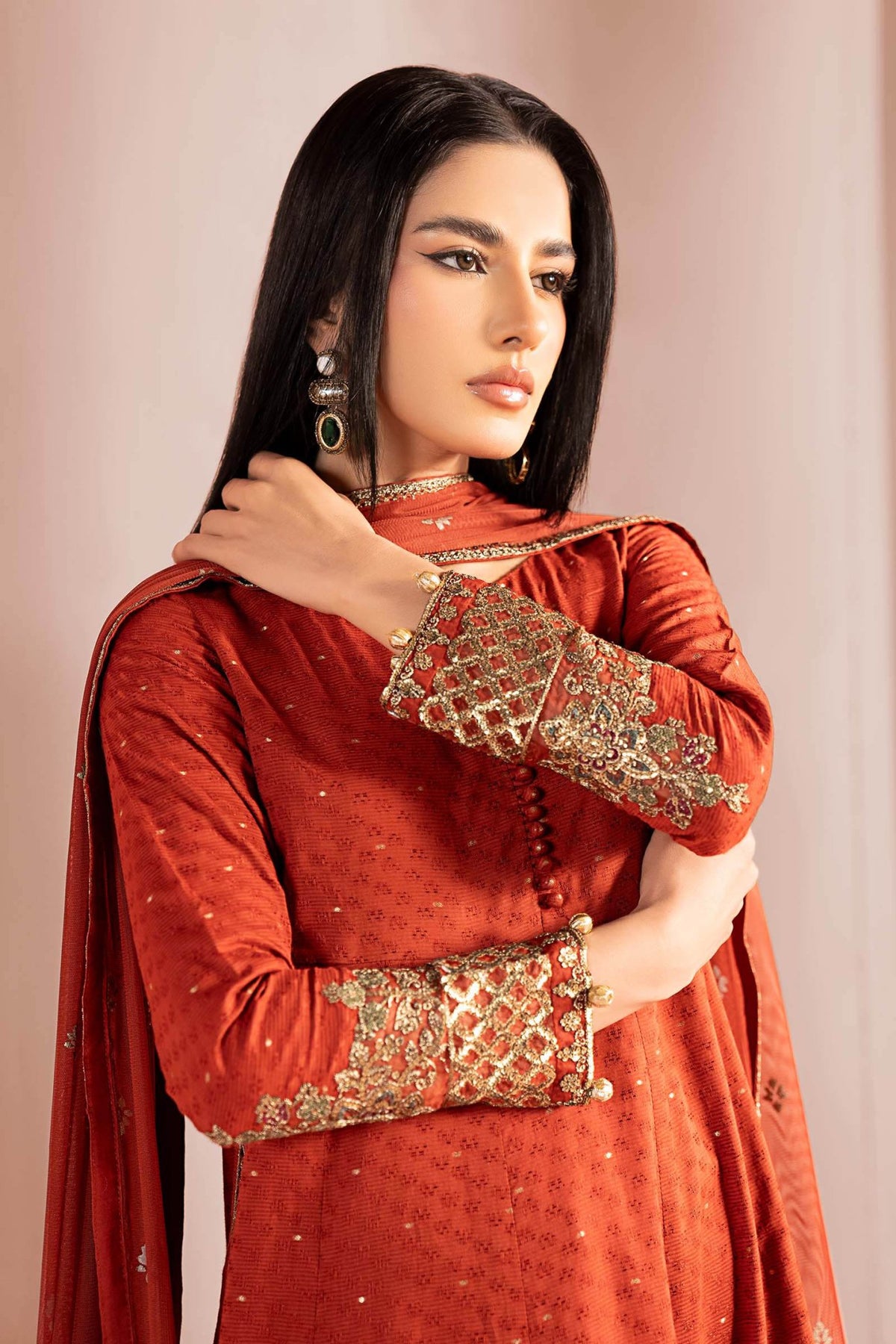 Maria B | Luxury Pret Winter 25 | DW-W25-31-Brand:Maria B-Type:Ladies Clothes-Rust-Filament Viscose-House of Maryam- Buy in UK, USA