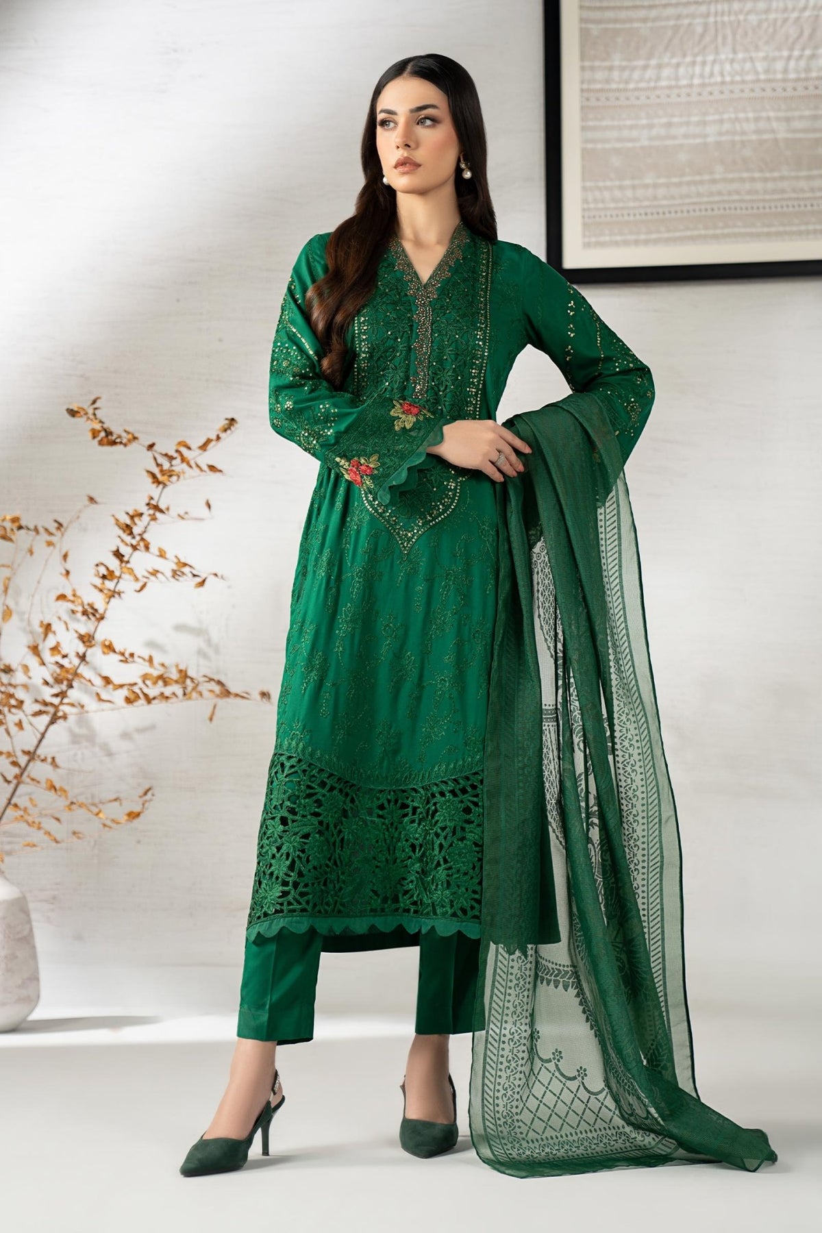 Maria B | Luxury Pret Winter 25 | DW-W25-74-Brand:Maria B-Type:Ladies Clothes-Bold Green-Linen-House of Maryam- Buy in UK, USA