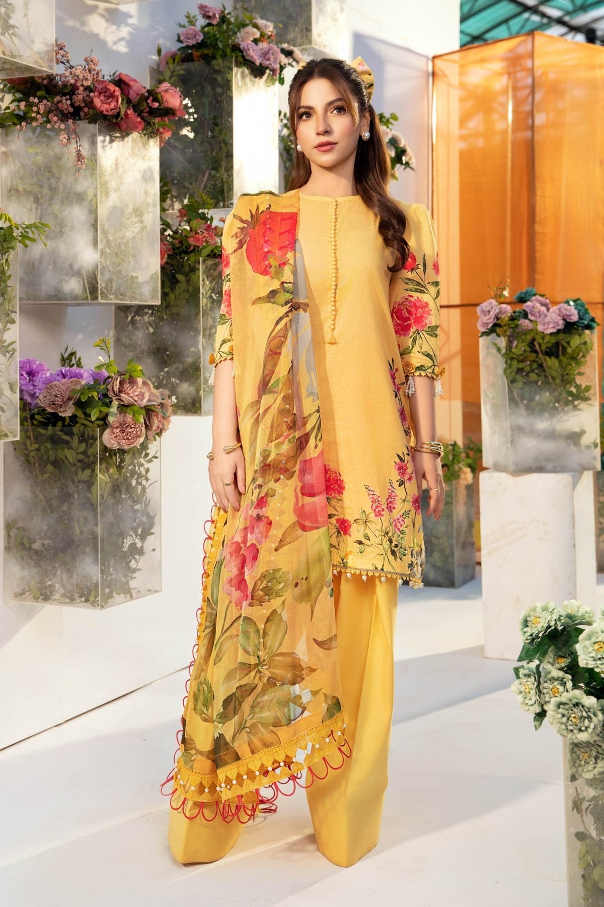 Maria B | M Basic Summer Lawn 25 | MB-CUS25-701A-Brand:Maria B-Type:Ladies Clothes-Yellow-Lawn-House of Maryam- Buy in UK, USA