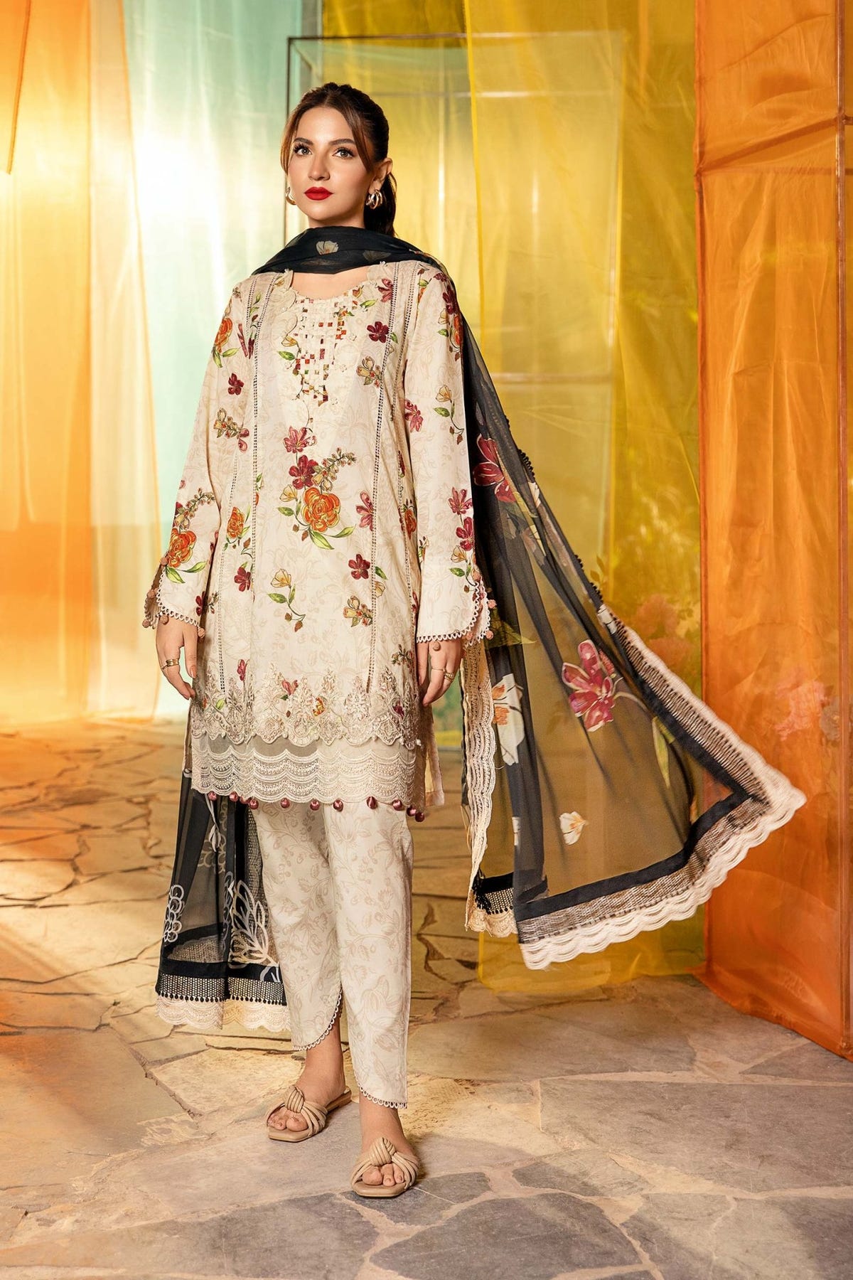 Maria B | M Basic Summer Lawn 25 | MB-CUS25-702B-Brand:Maria B-Type:Ladies Clothes-Beige-Lawn-House of Maryam- Buy in UK, USA