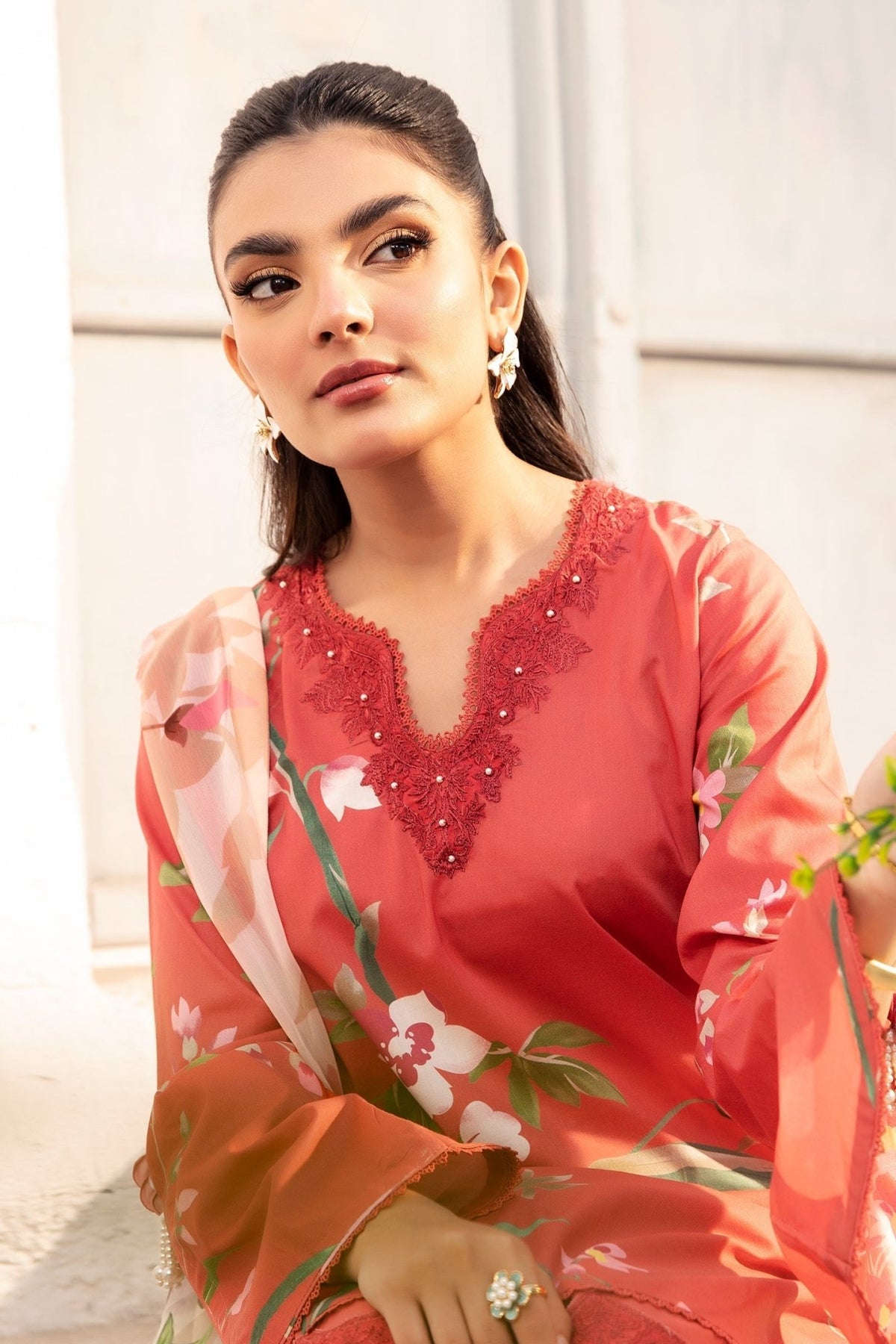Maria B | M Basic Summer Lawn 25 | MB-CUS25-707B-Brand:Maria B-Type:Ladies Clothes-Red-Lawn-House of Maryam- Buy in UK, USA