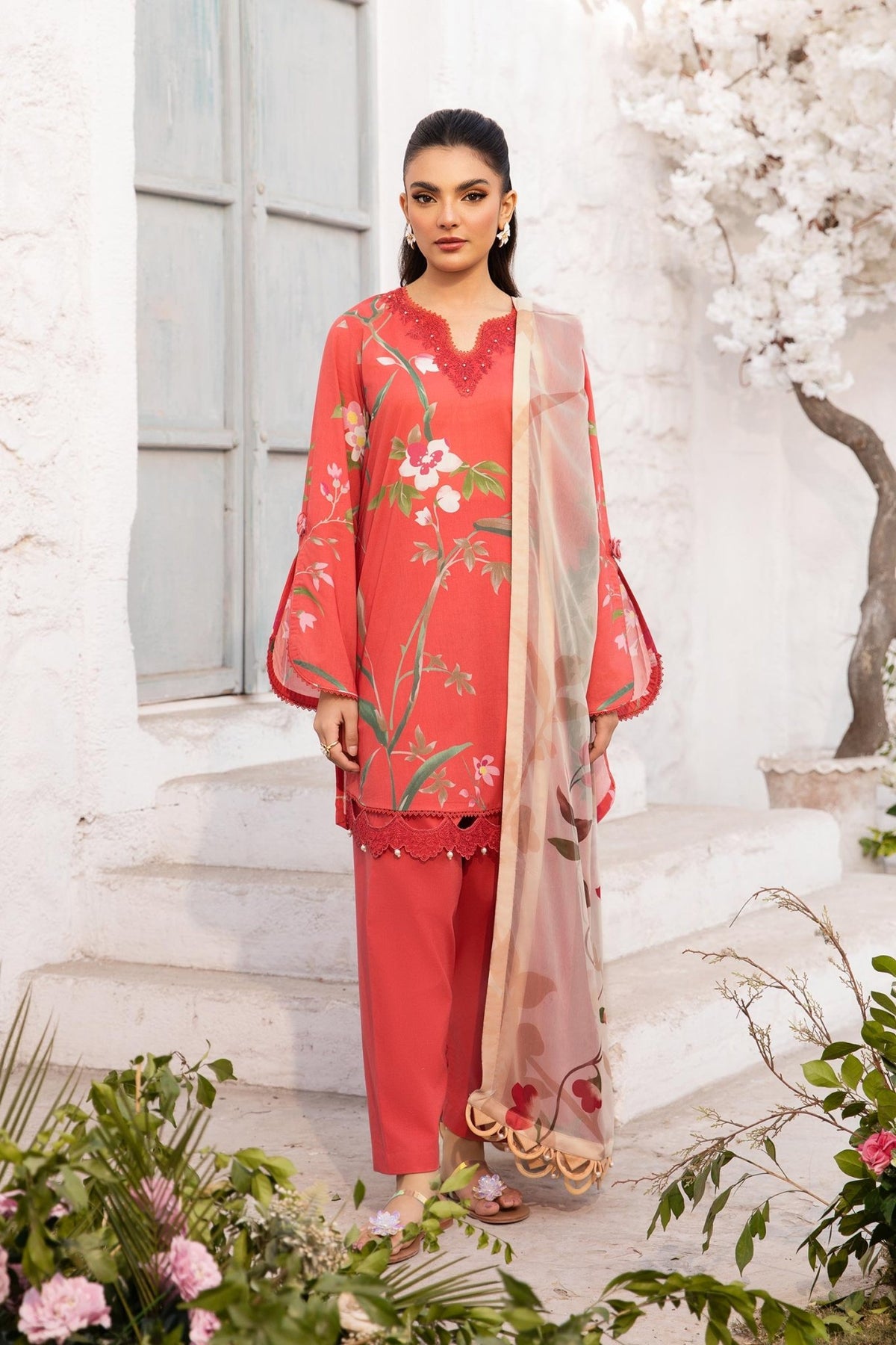 Maria B | M Basic Summer Lawn 25 | MB-CUS25-707B-Brand:Maria B-Type:Ladies Clothes-Red-Lawn-House of Maryam- Buy in UK, USA