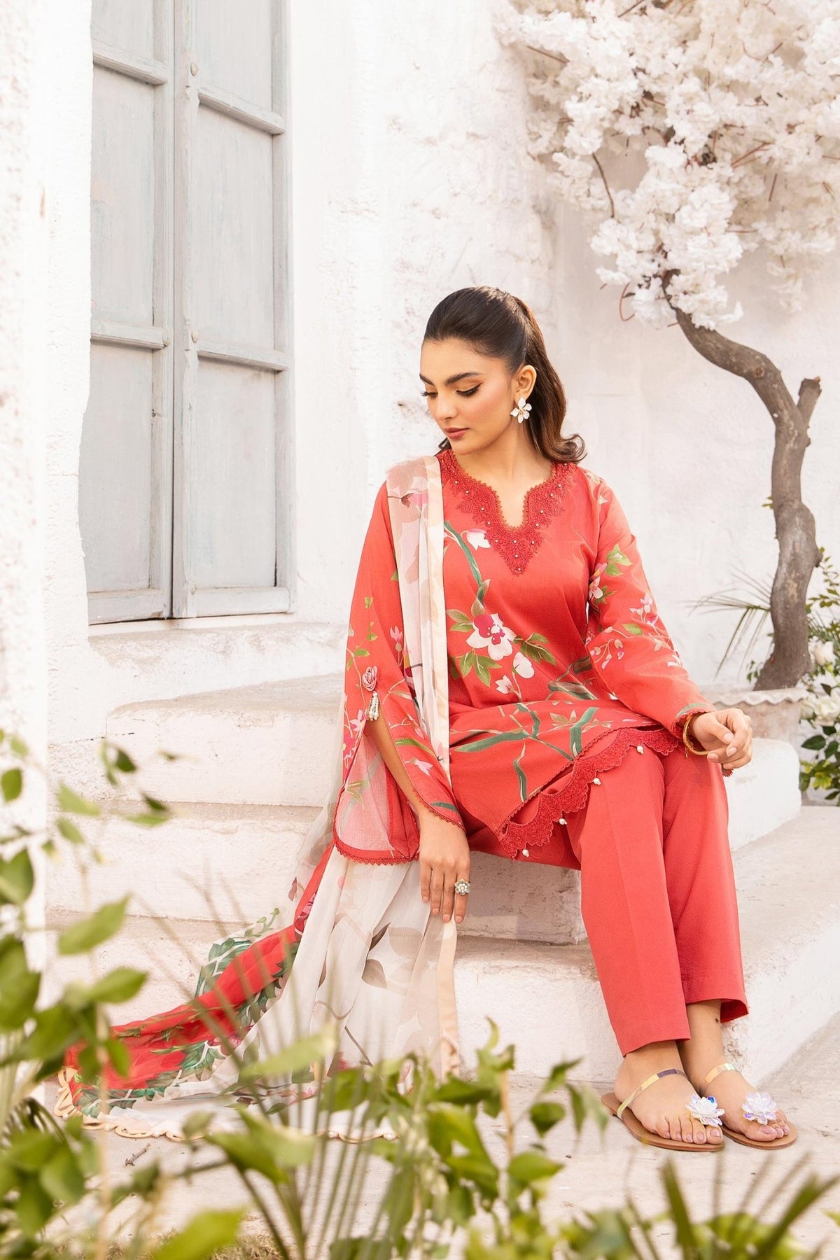 Maria B | M Basic Summer Lawn 25 | MB-CUS25-707B-Brand:Maria B-Type:Ladies Clothes-Red-Lawn-House of Maryam- Buy in UK, USA