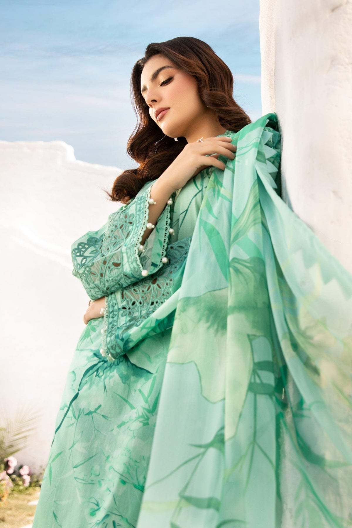 Maria B | M Basic Summer Lawn 25 | MB-CUS25-713A-Brand:Maria B-Type:Ladies Clothes-Mint Green-Slub Lawn-House of Maryam- Buy in UK, USA