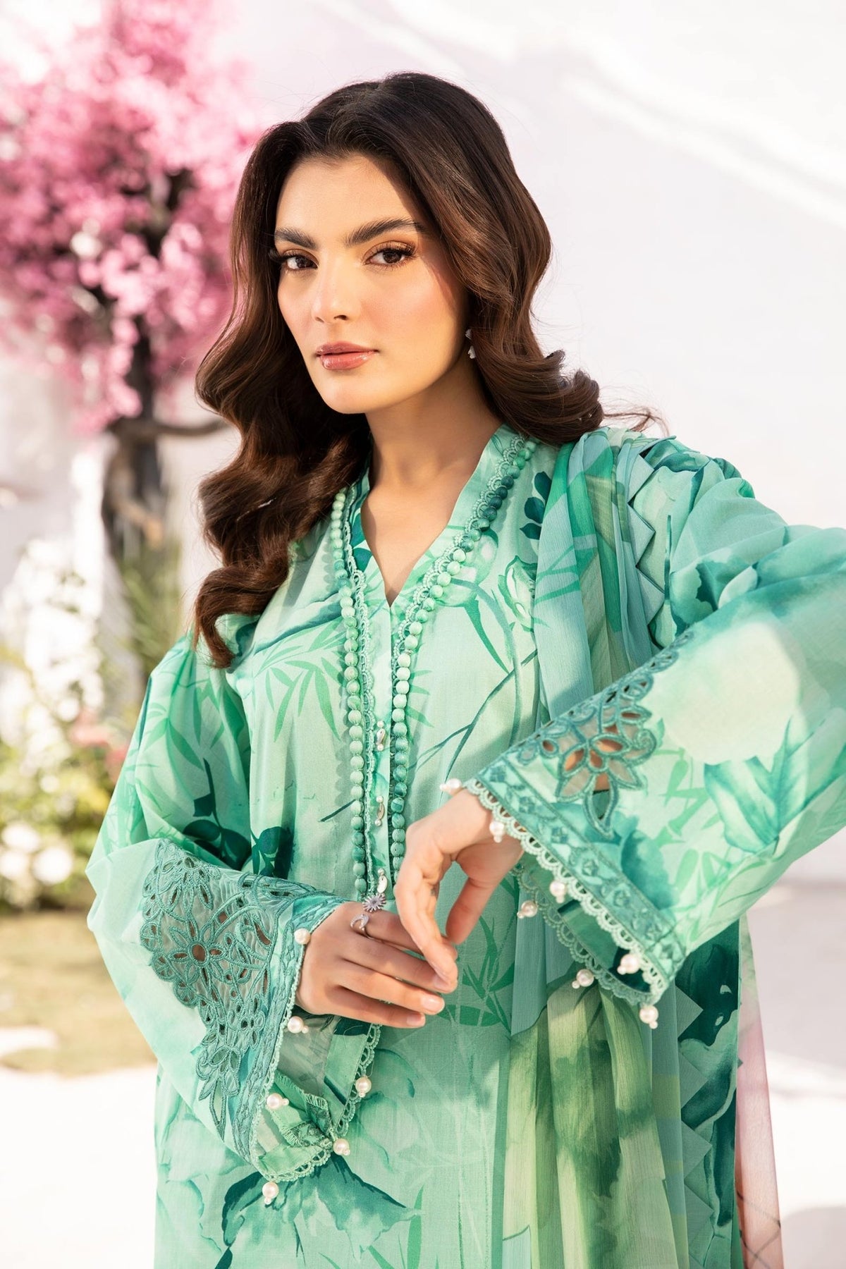 Maria B | M Basic Summer Lawn 25 | MB-CUS25-713A-Brand:Maria B-Type:Ladies Clothes-Mint Green-Slub Lawn-House of Maryam- Buy in UK, USA
