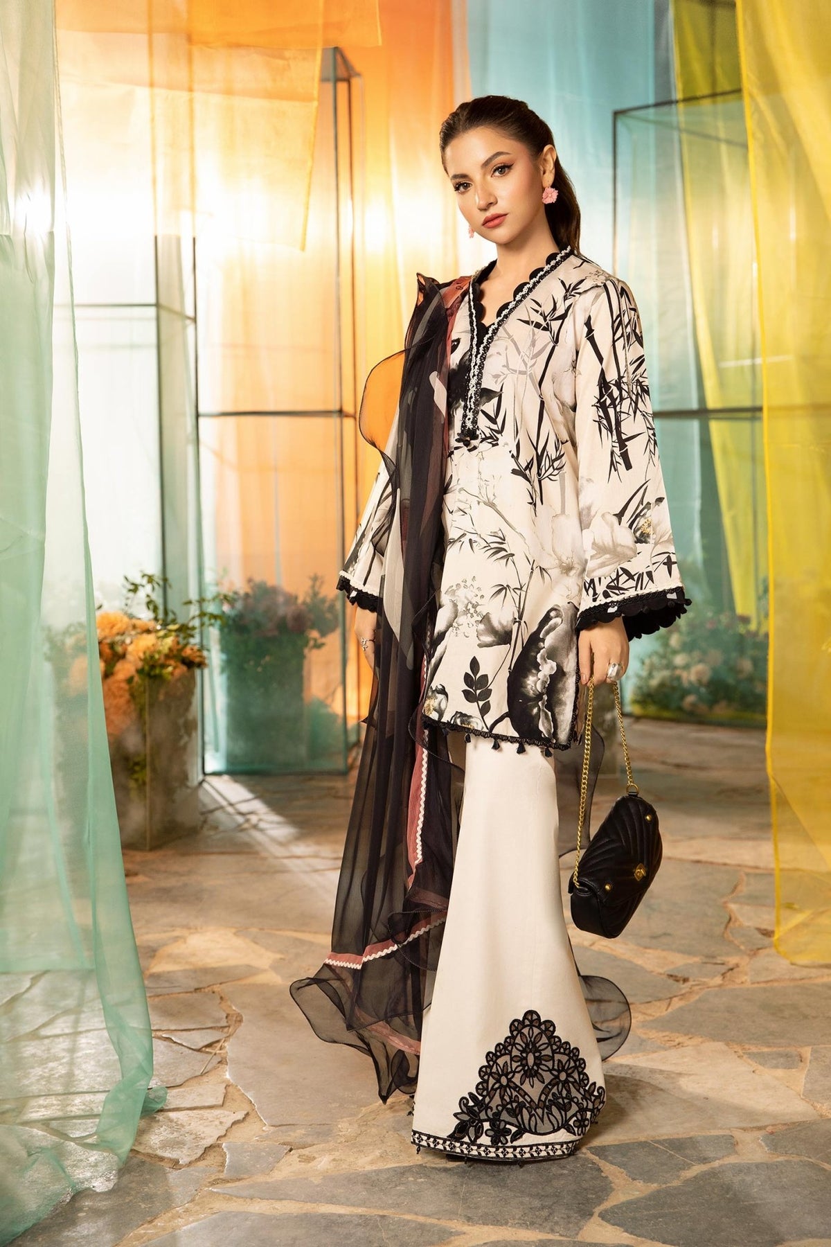 Maria B | M Basic Summer Lawn 25 | MB-CUS25-713B-Brand:Maria B-Type:Ladies Clothes-Off White-Slub Lawn-House of Maryam- Buy in UK, USA