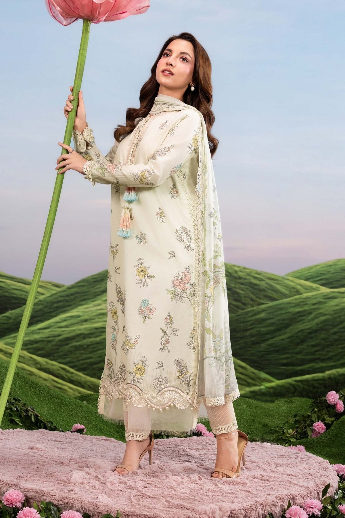 Maria B | M Basics Dreamscape Eid Lawn | MB-CUSV14-02A-Brand:Maria B-Type:Ladies Clothes-Off White-Lawn-House of Maryam- Buy in UK, USA