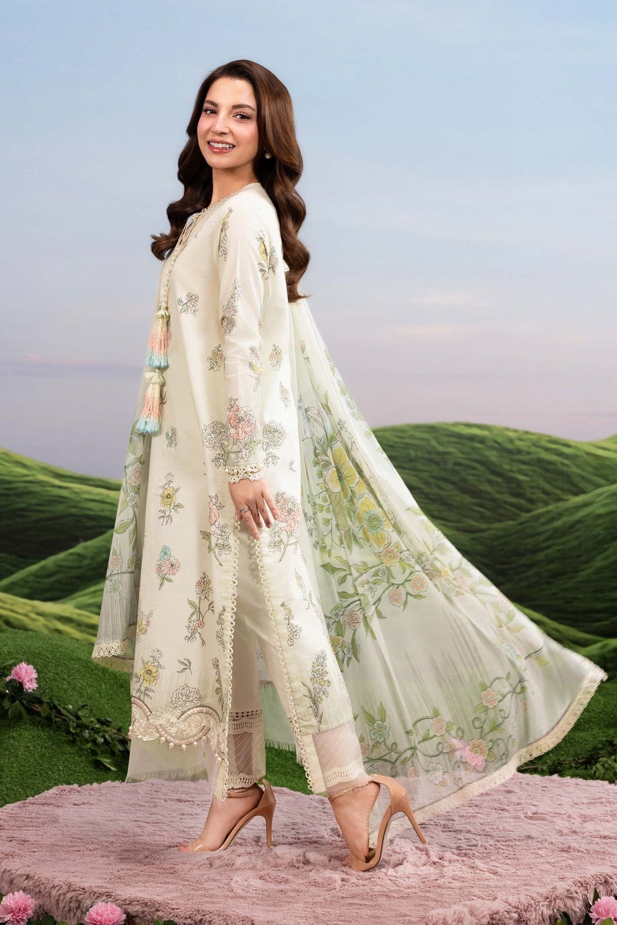 Maria B | M Basics Dreamscape Eid Lawn | MB-CUSV14-02A-Brand:Maria B-Type:Ladies Clothes-Off White-Lawn-House of Maryam- Buy in UK, USA