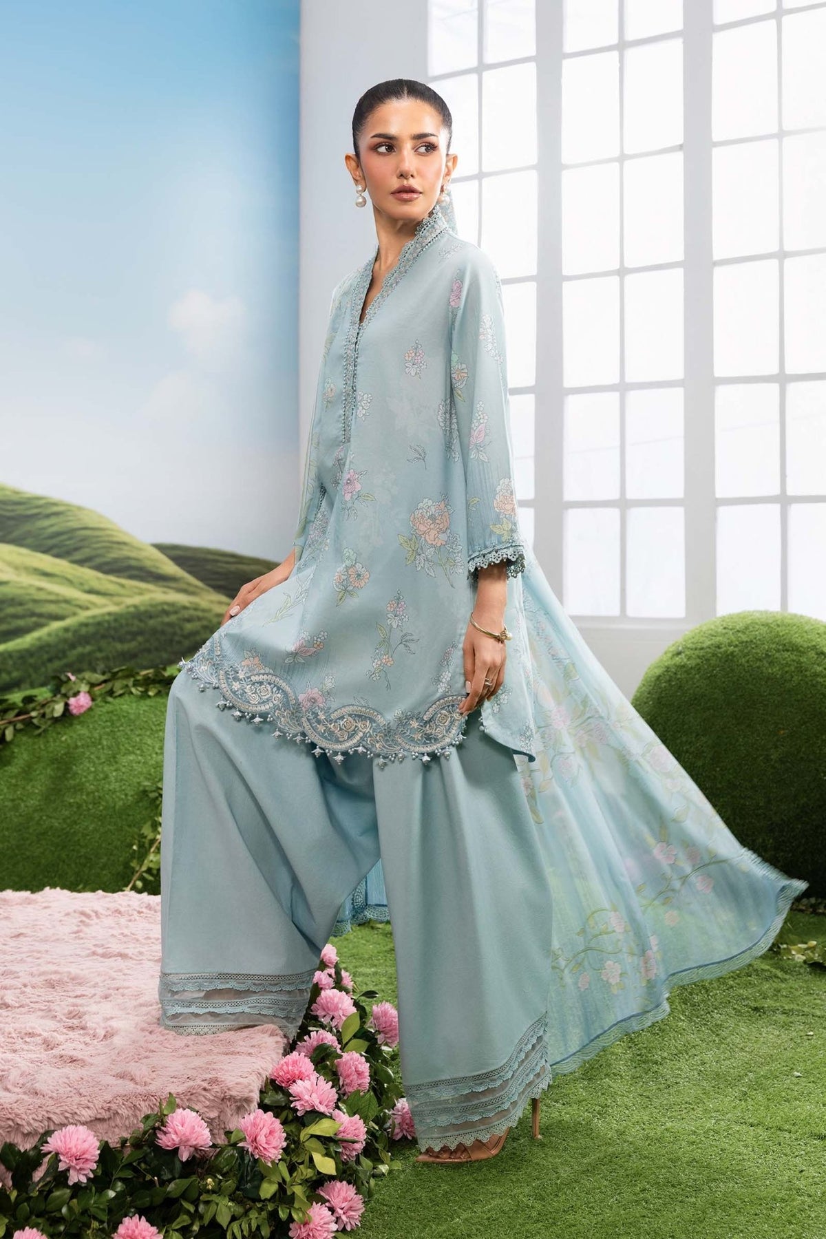 Maria B | M Basics Dreamscape Eid Lawn | MB-CUSV14-02B-Brand:Maria B-Type:Ladies Clothes-Sky Blue-Lawn-House of Maryam- Buy in UK, USA