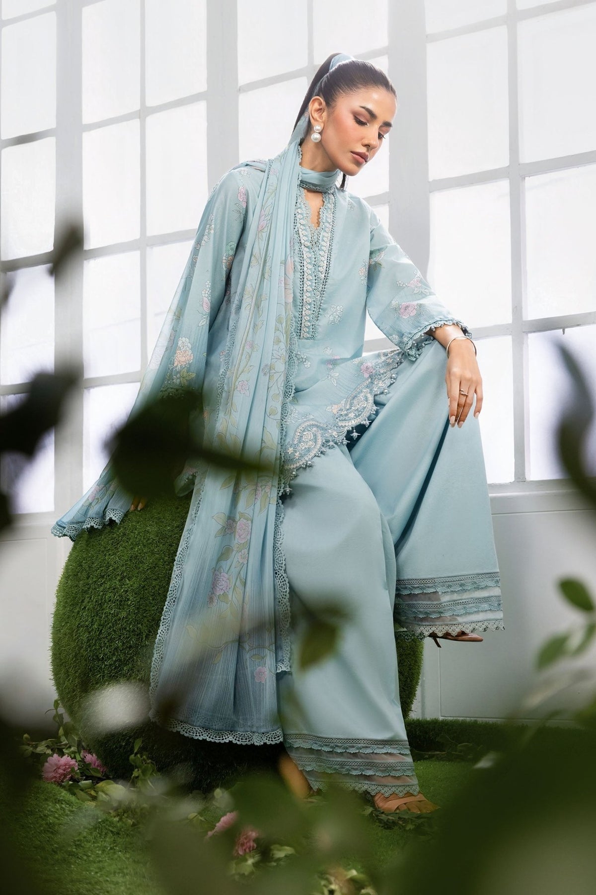 Maria B | M Basics Dreamscape Eid Lawn | MB-CUSV14-02B-Brand:Maria B-Type:Ladies Clothes-Sky Blue-Lawn-House of Maryam- Buy in UK, USA