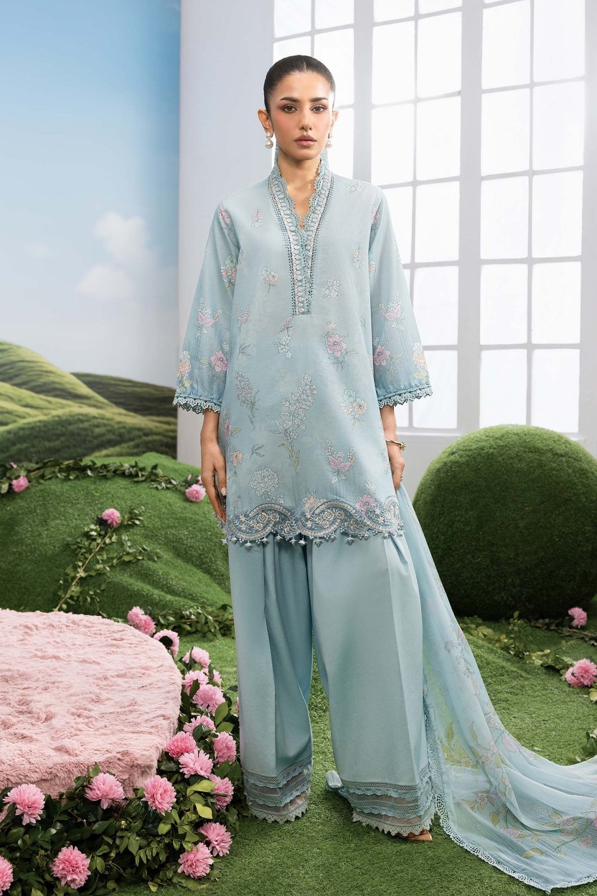 Maria B | M Basics Dreamscape Eid Lawn | MB-CUSV14-02B-Brand:Maria B-Type:Ladies Clothes-Sky Blue-Lawn-House of Maryam- Buy in UK, USA