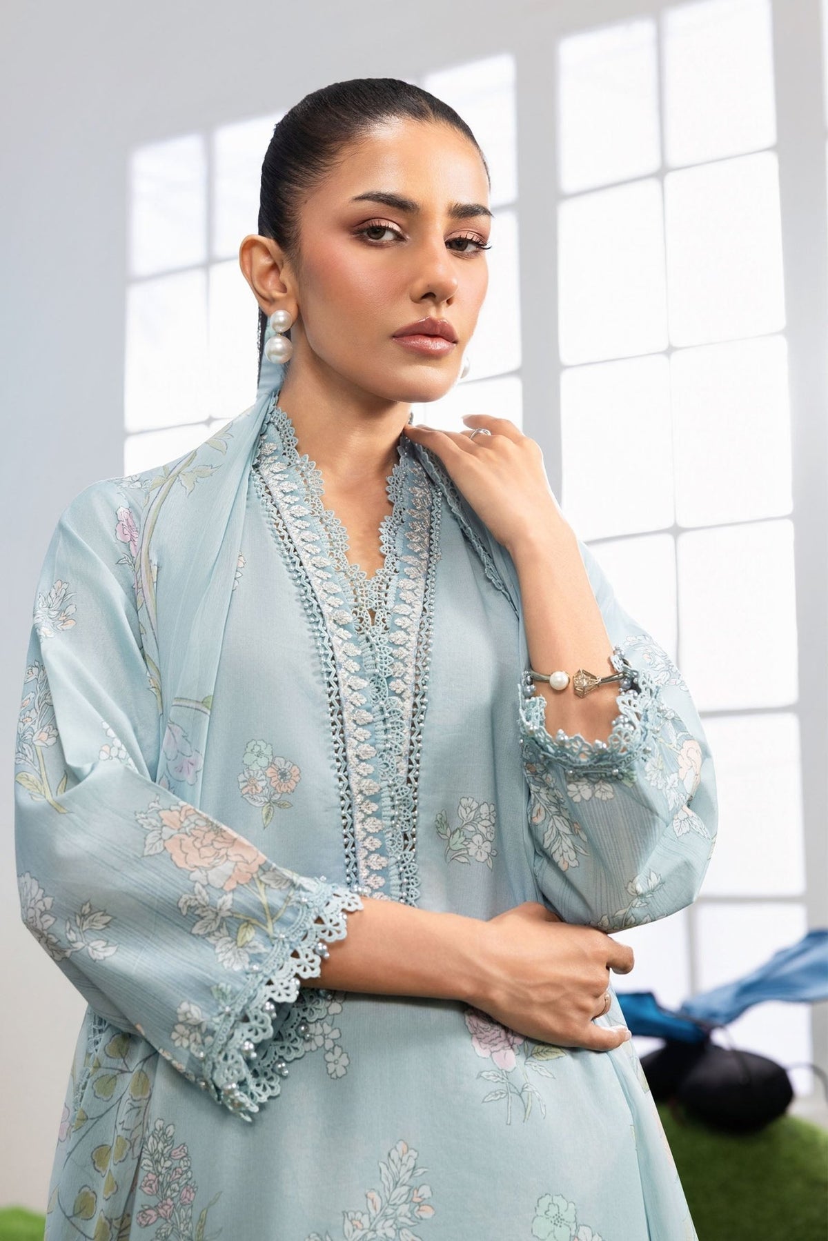 Maria B | M Basics Dreamscape Eid Lawn | MB-CUSV14-02B-Brand:Maria B-Type:Ladies Clothes-Sky Blue-Lawn-House of Maryam- Buy in UK, USA