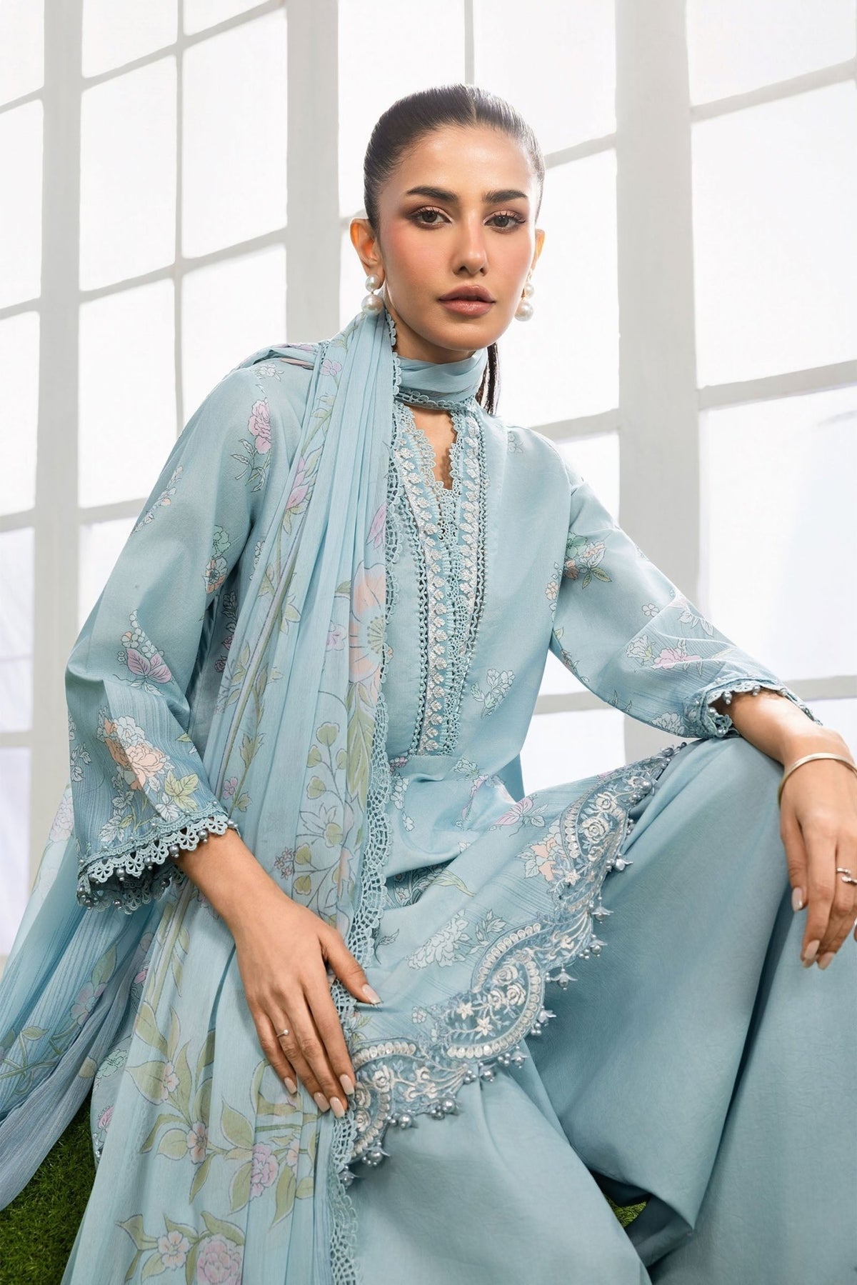 Maria B | M Basics Dreamscape Eid Lawn | MB-CUSV14-02B-Brand:Maria B-Type:Ladies Clothes-Sky Blue-Lawn-House of Maryam- Buy in UK, USA