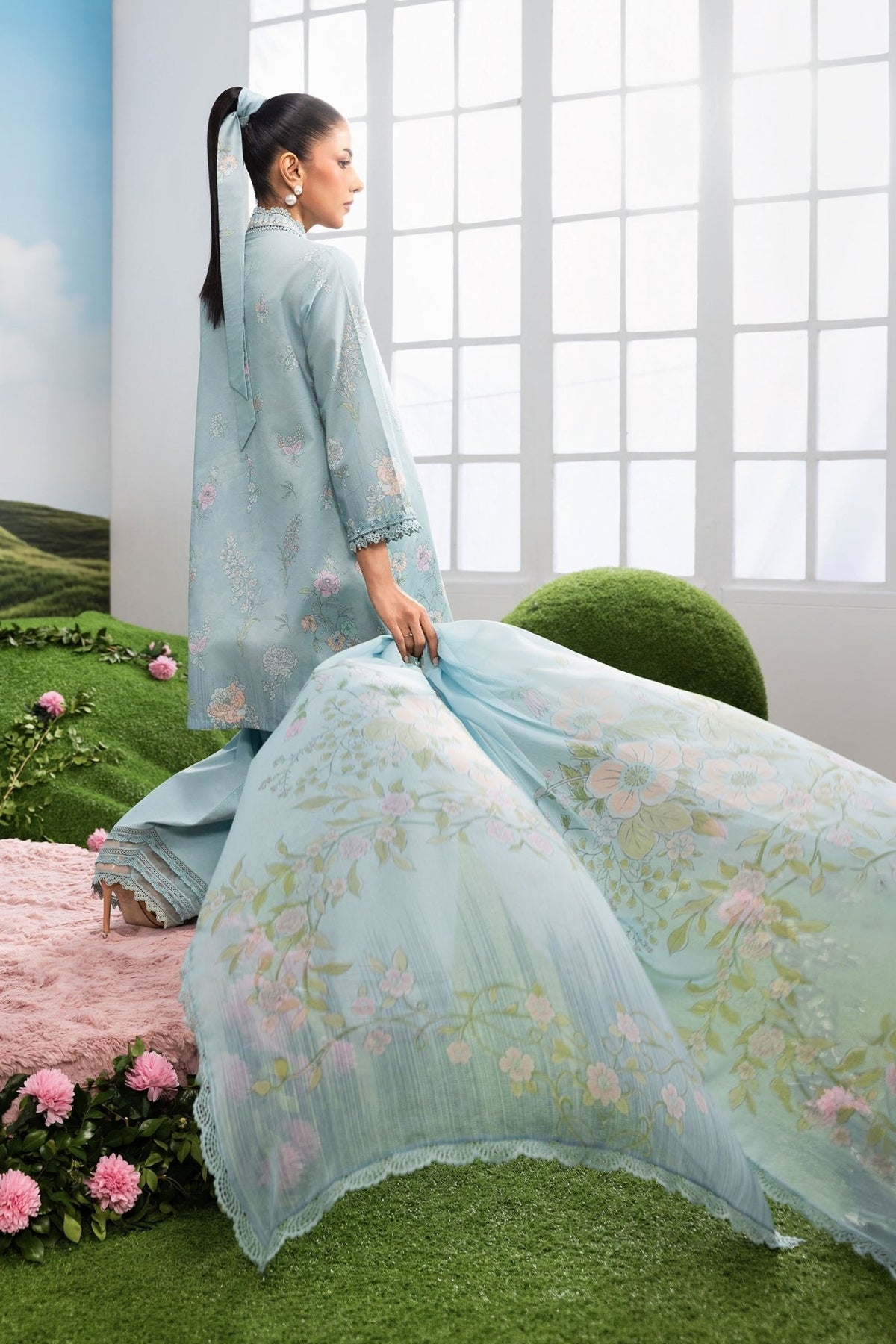Maria B | M Basics Dreamscape Eid Lawn | MB-CUSV14-02B-Brand:Maria B-Type:Ladies Clothes-Sky Blue-Lawn-House of Maryam- Buy in UK, USA