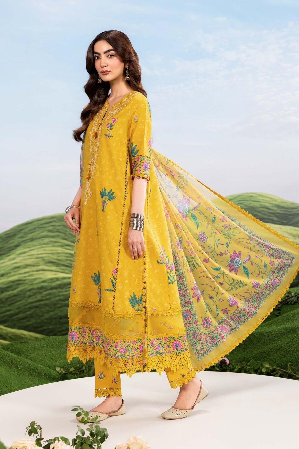 Maria B | M Basics Dreamscape Eid Lawn | MB-CUSV14-03A-Brand:Maria B-Type:Ladies Clothes-Mustard-Lawn-House of Maryam- Buy in UK, USA