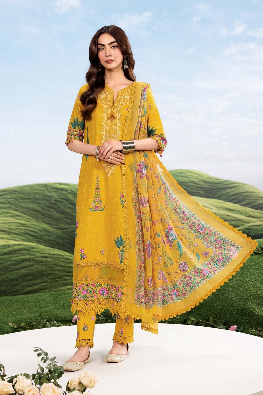 Maria B | M Basics Dreamscape Eid Lawn | MB-CUSV14-03A-Brand:Maria B-Type:Ladies Clothes-Mustard-Lawn-House of Maryam- Buy in UK, USA