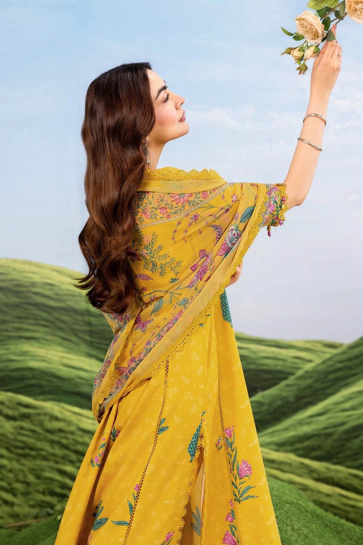 Maria B | M Basics Dreamscape Eid Lawn | MB-CUSV14-03A-Brand:Maria B-Type:Ladies Clothes-Mustard-Lawn-House of Maryam- Buy in UK, USA