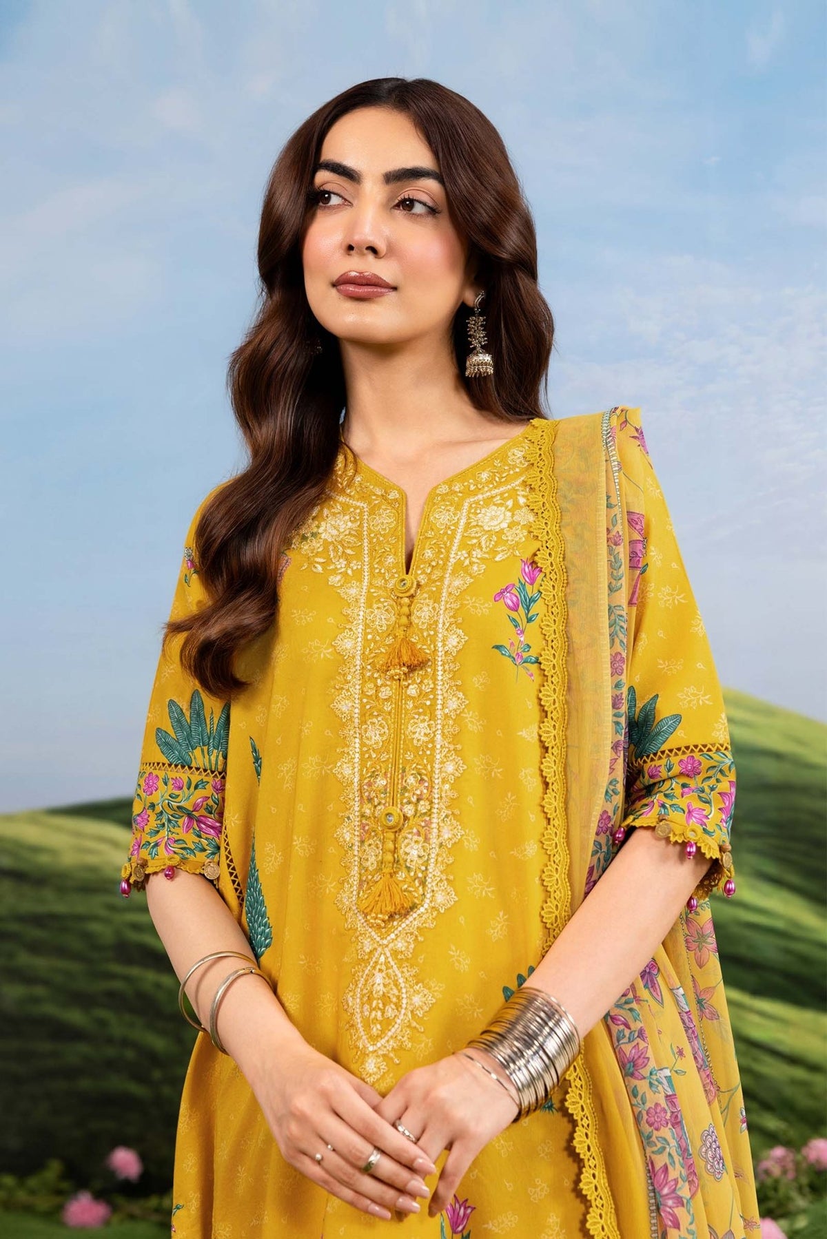 Maria B | M Basics Dreamscape Eid Lawn | MB-CUSV14-03A-Brand:Maria B-Type:Ladies Clothes-Mustard-Lawn-House of Maryam- Buy in UK, USA