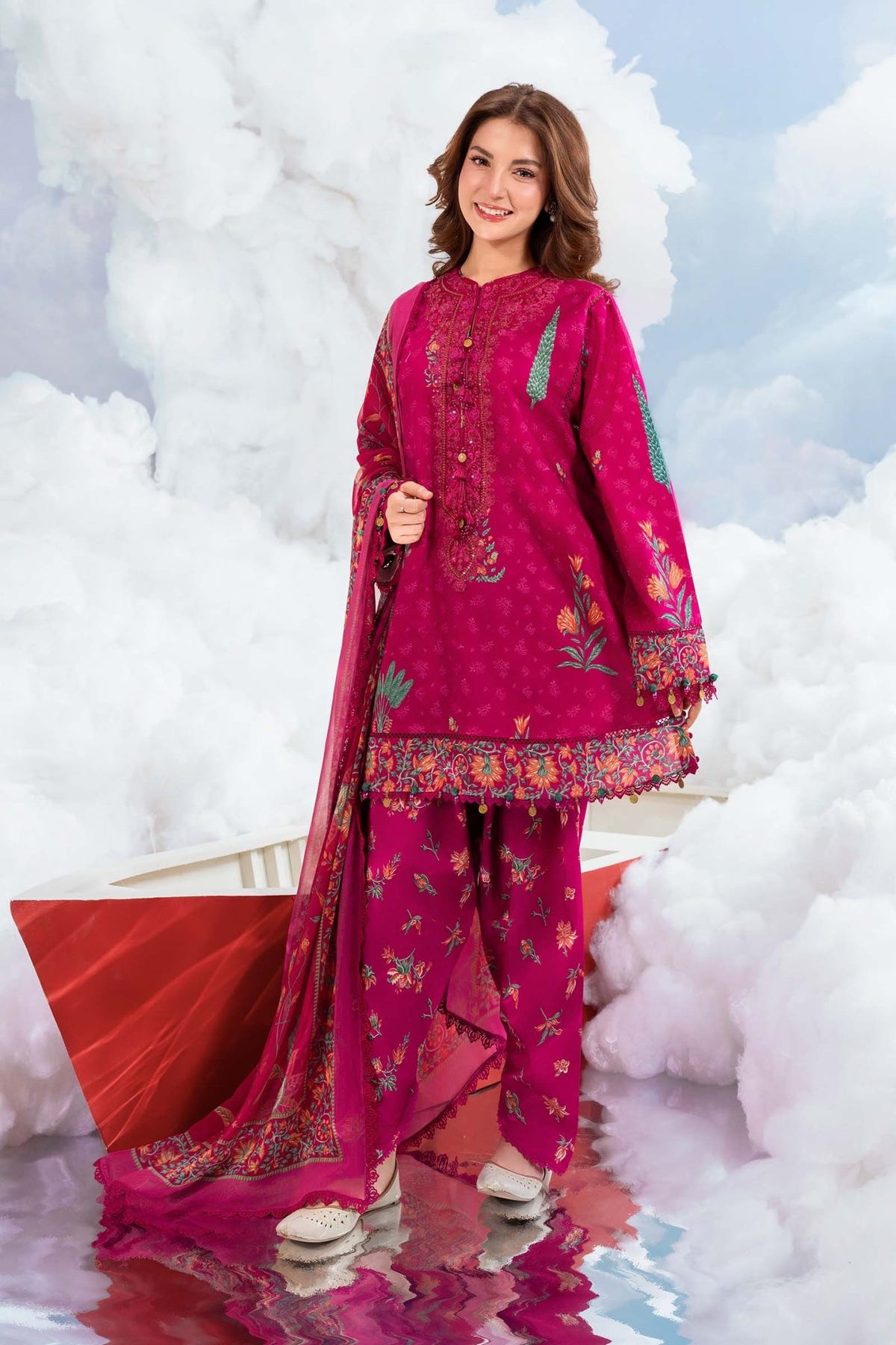 Maria B | M Basics Dreamscape Eid Lawn | MB-CUSV14-03B-Brand:Maria B-Type:Ladies Clothes-Magenta-Lawn-House of Maryam- Buy in UK, USA