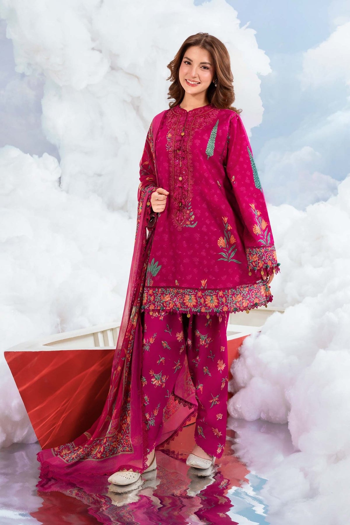 Maria B | M Basics Dreamscape Eid Lawn | MB-CUSV14-03B-Brand:Maria B-Type:Ladies Clothes-Magenta-Lawn-House of Maryam- Buy in UK, USA
