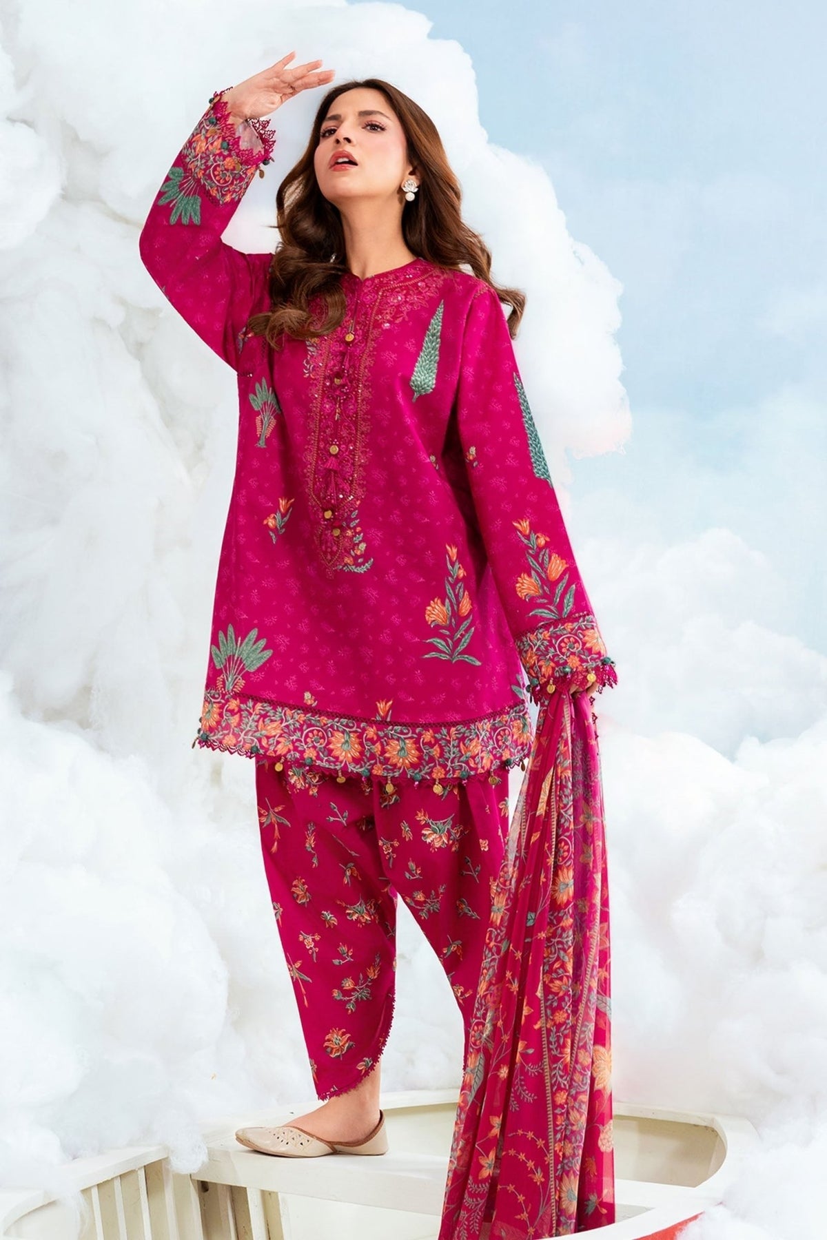 Maria B | M Basics Dreamscape Eid Lawn | MB-CUSV14-03B-Brand:Maria B-Type:Ladies Clothes-Magenta-Lawn-House of Maryam- Buy in UK, USA