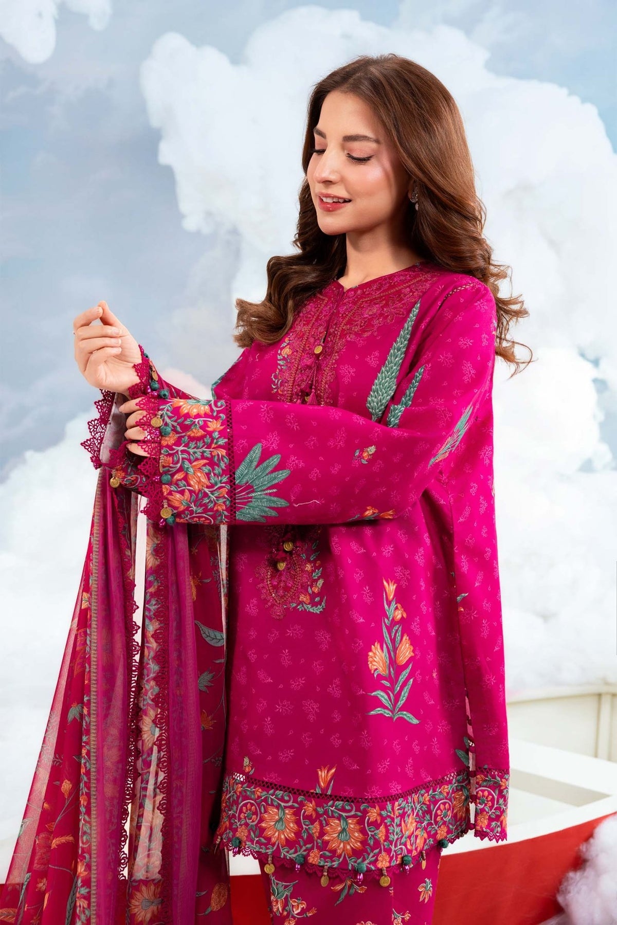 Maria B | M Basics Dreamscape Eid Lawn | MB-CUSV14-03B-Brand:Maria B-Type:Ladies Clothes-Magenta-Lawn-House of Maryam- Buy in UK, USA