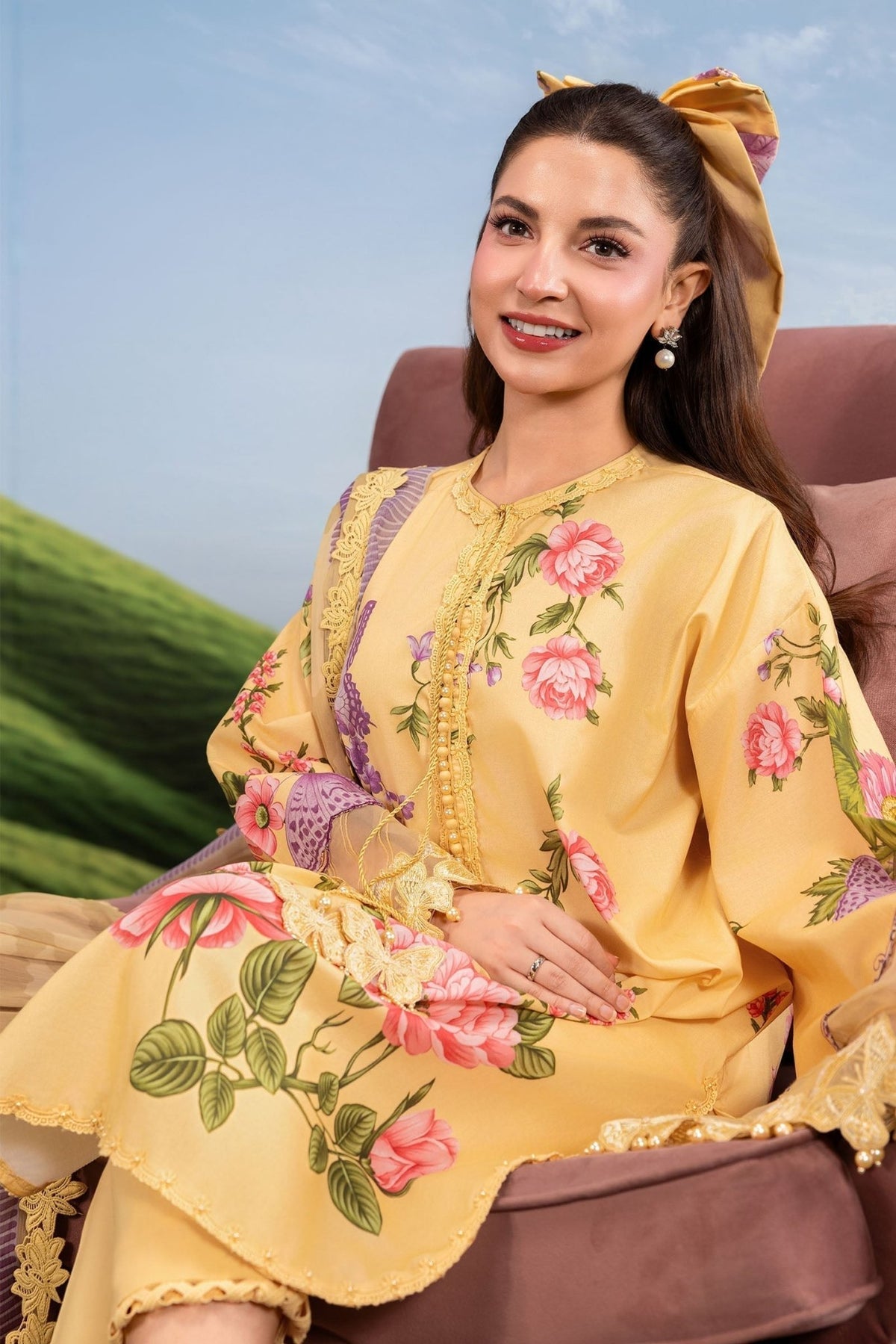 Maria B | M Basics Dreamscape Eid Lawn | MB-CUSV14-04B-Brand:Maria B-Type:Ladies Clothes-Dust Yellow-Lawn-House of Maryam- Buy in UK, USA