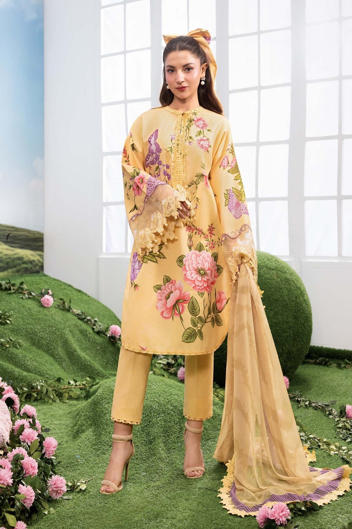 Maria B | M Basics Dreamscape Eid Lawn | MB-CUSV14-04B-Brand:Maria B-Type:Ladies Clothes-Dust Yellow-Lawn-House of Maryam- Buy in UK, USA