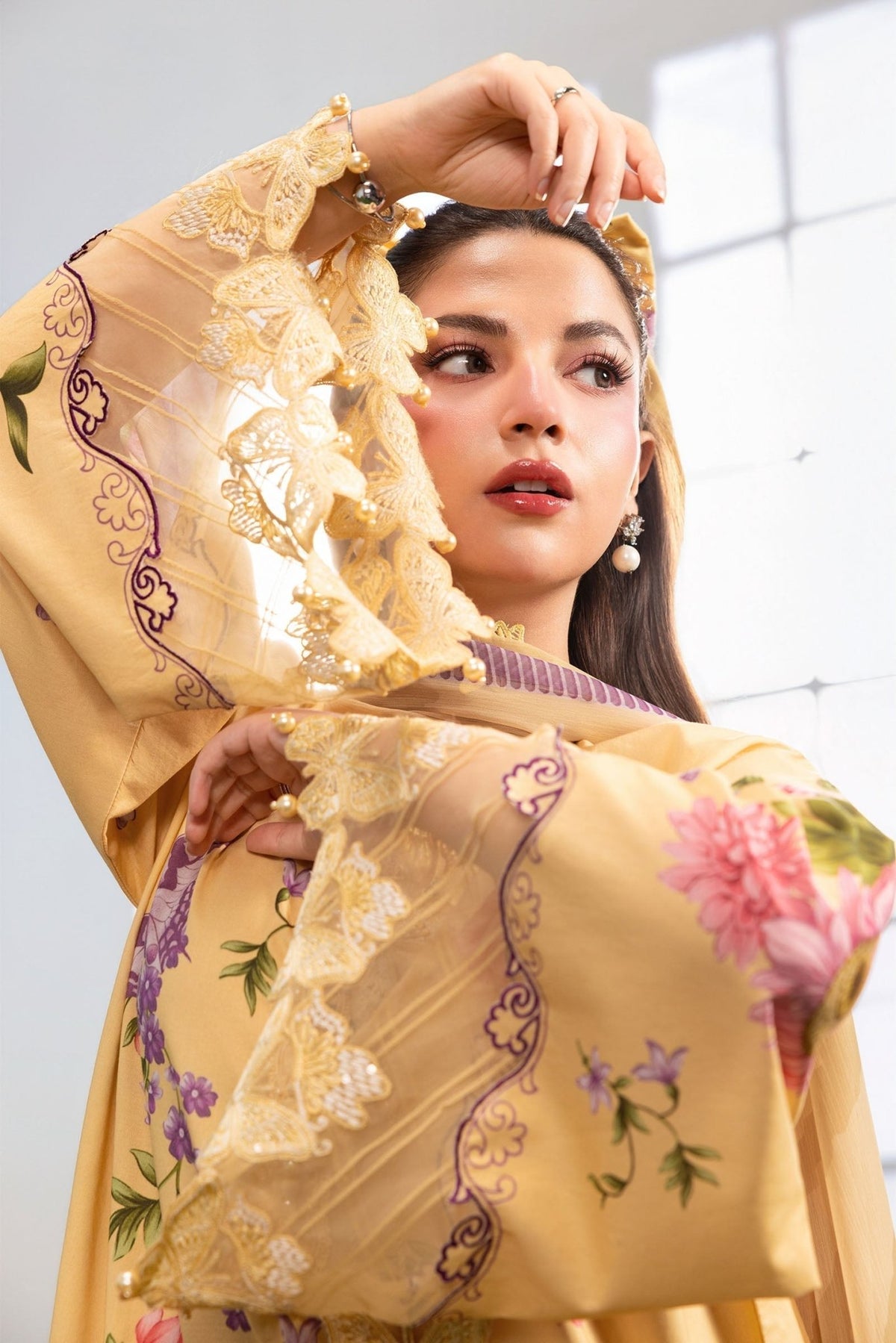 Maria B | M Basics Dreamscape Eid Lawn | MB-CUSV14-04B-Brand:Maria B-Type:Ladies Clothes-Dust Yellow-Lawn-House of Maryam- Buy in UK, USA