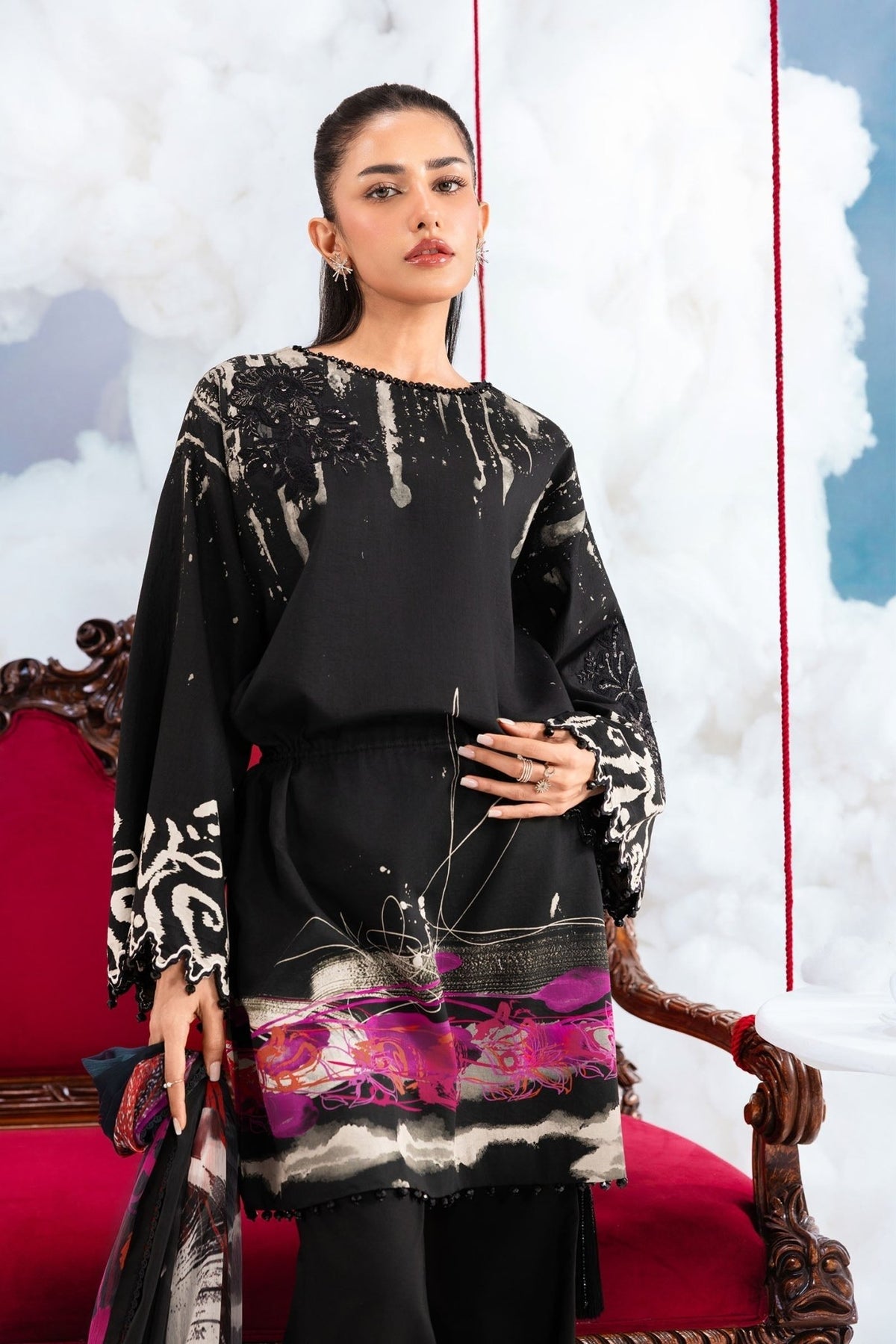 Maria B | M Basics Dreamscape Eid Lawn | MB-CUSV14-06A-Brand:Maria B-Type:Ladies Clothes-Black-Lawn-House of Maryam- Buy in UK, USA