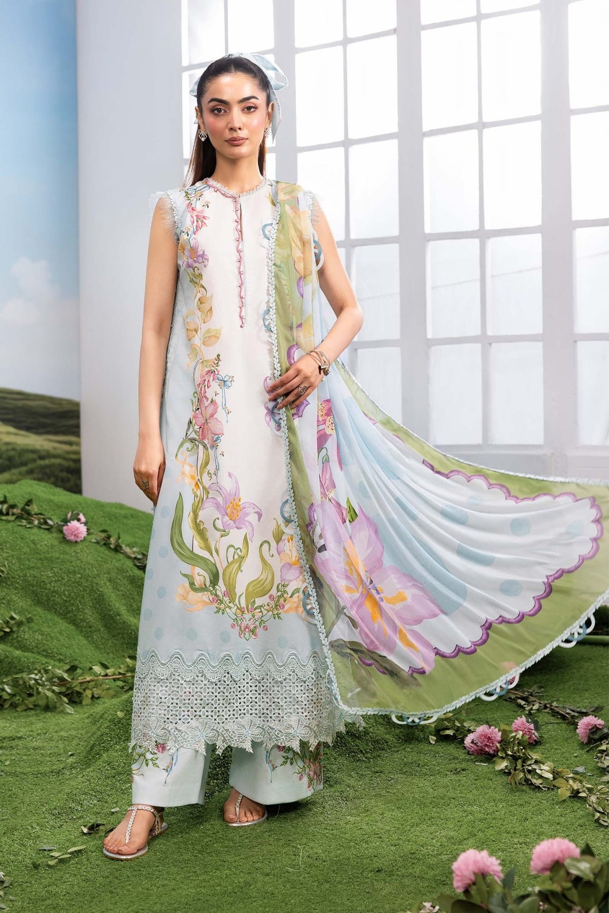 Maria B | M Basics Dreamscape Eid Lawn | MB-CUSV14-06A-Brand:Maria B-Type:Ladies Clothes-Ice Blue-Lawn-House of Maryam- Buy in UK, USA