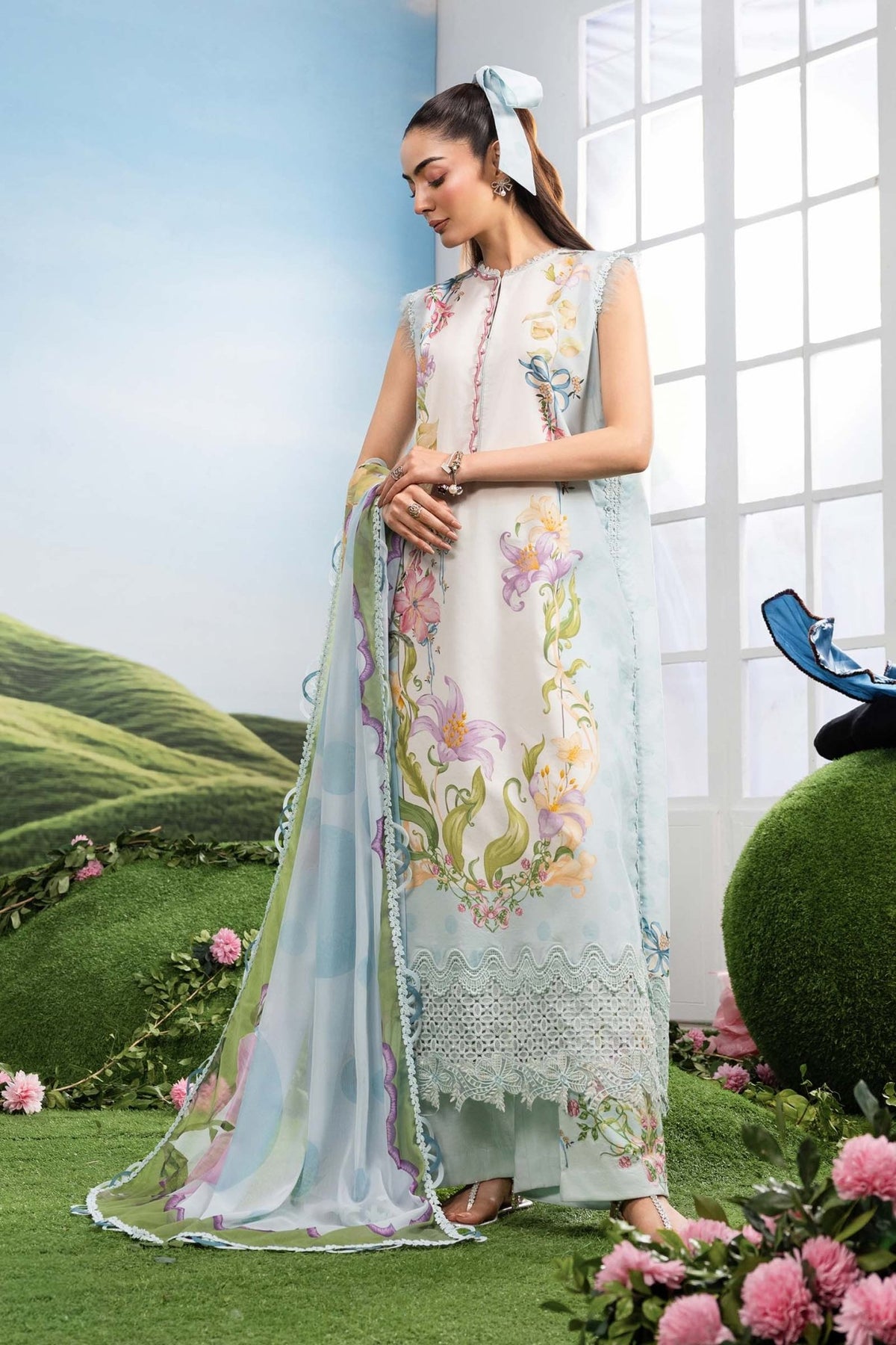 Maria B | M Basics Dreamscape Eid Lawn | MB-CUSV14-06A-Brand:Maria B-Type:Ladies Clothes-Ice Blue-Lawn-House of Maryam- Buy in UK, USA