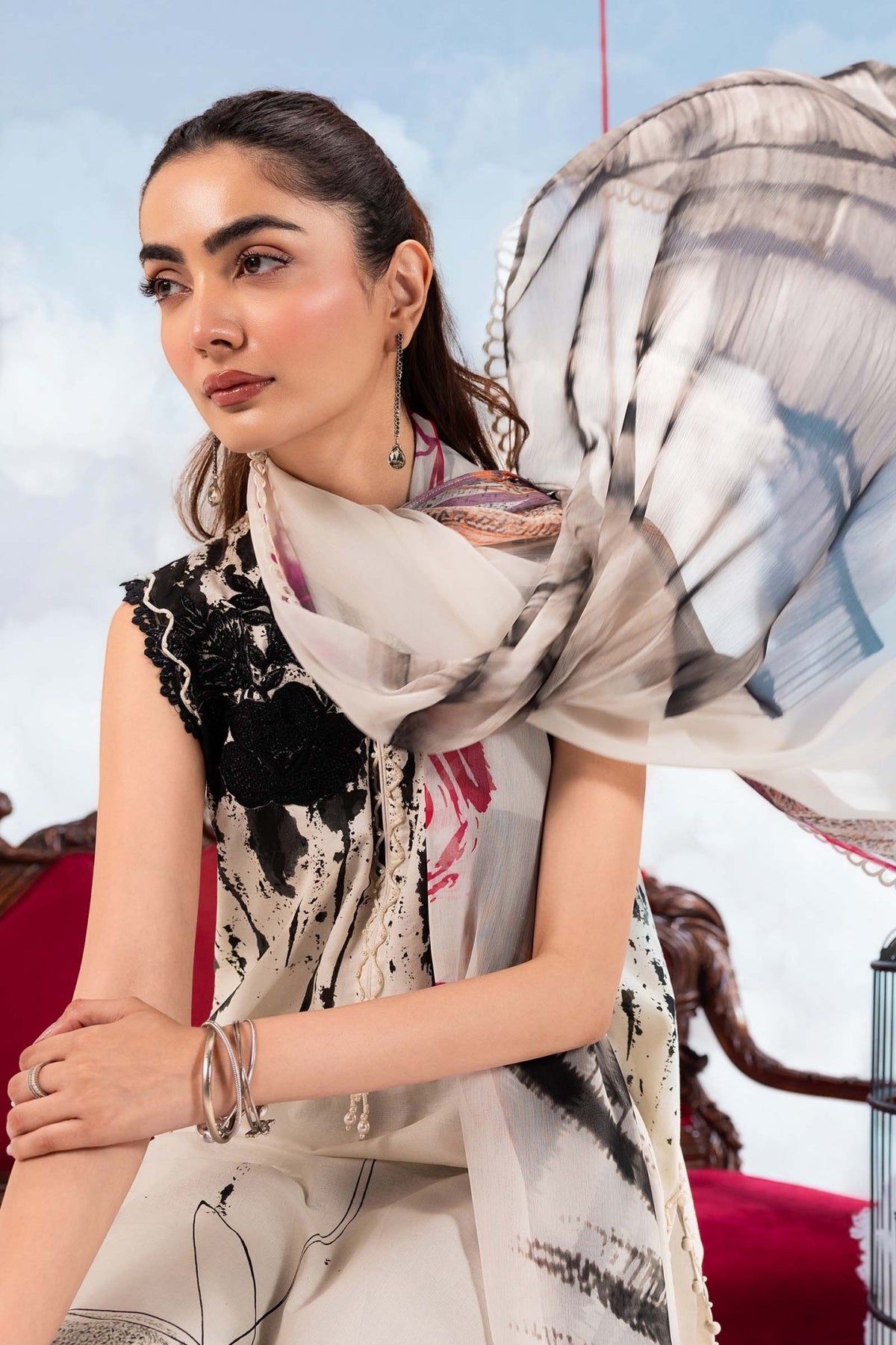 Maria B | M Basics Dreamscape Eid Lawn | MB-CUSV14-06B-Brand:Maria B-Type:Ladies Clothes-Black-Lawn-House of Maryam- Buy in UK, USA