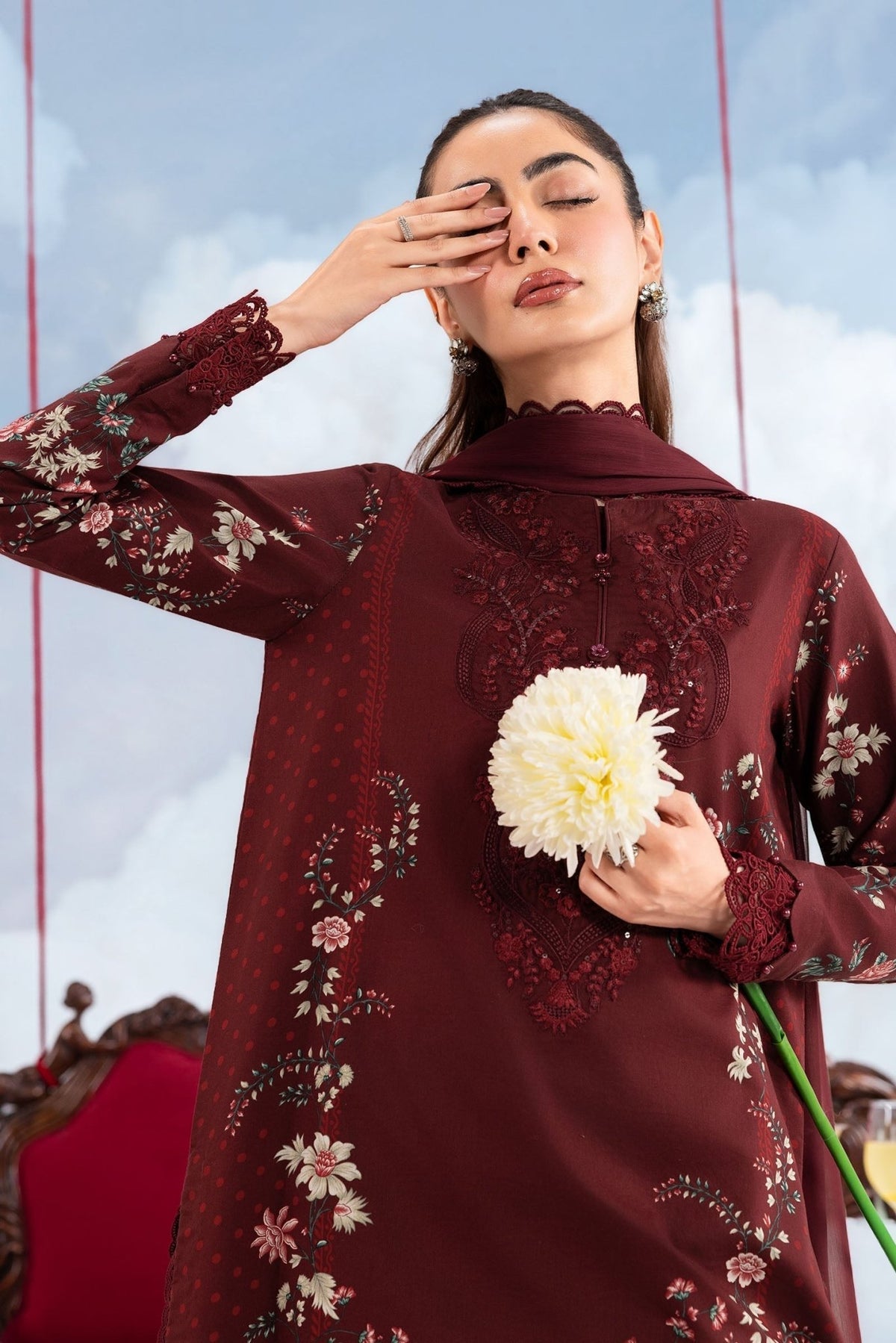 Maria B | M Basics Dreamscape Eid Lawn | MB-CUSV14-07A-Brand:Maria B-Type:Ladies Clothes-Maroon-Lawn-House of Maryam- Buy in UK, USA