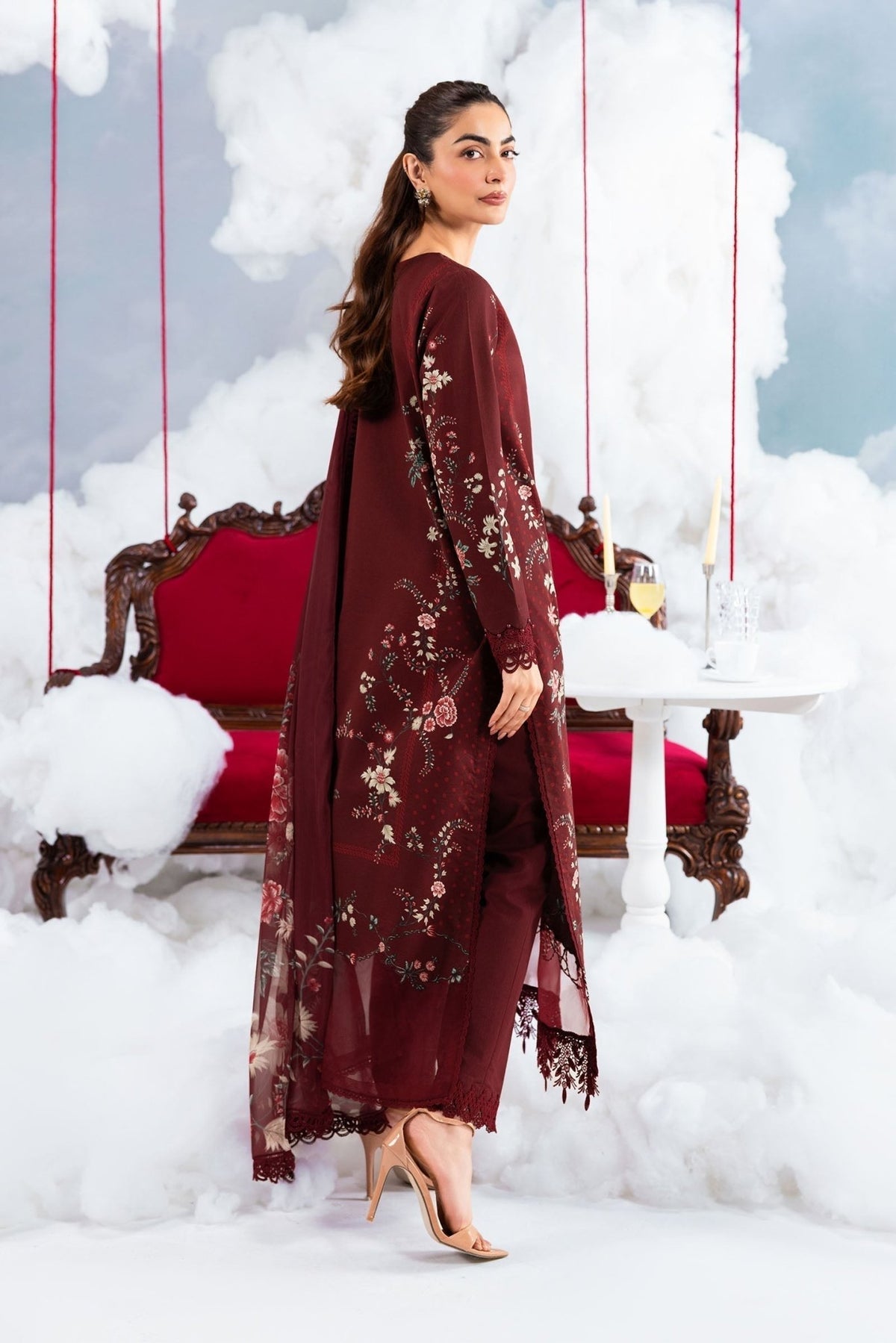 Maria B | M Basics Dreamscape Eid Lawn | MB-CUSV14-07A-Brand:Maria B-Type:Ladies Clothes-Maroon-Lawn-House of Maryam- Buy in UK, USA