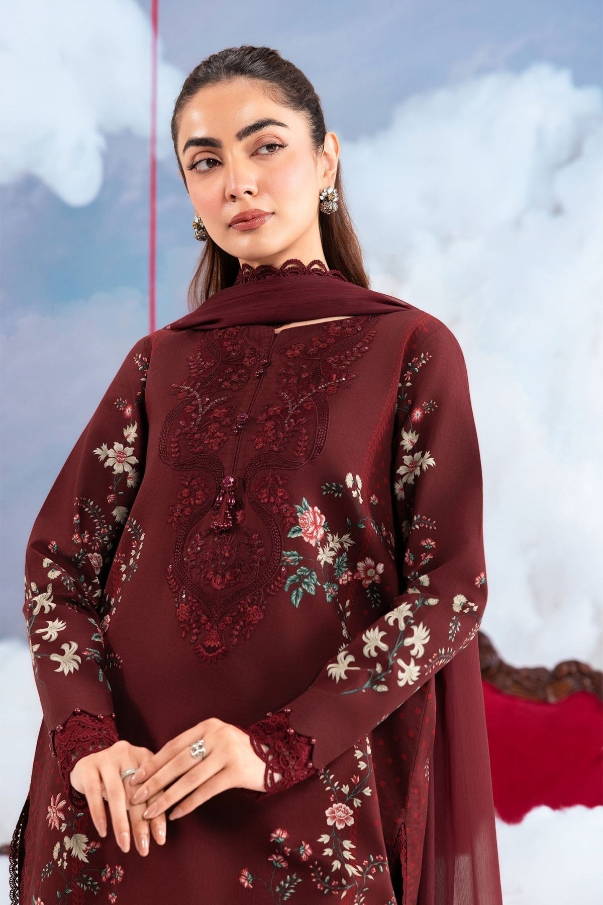 Maria B | M Basics Dreamscape Eid Lawn | MB-CUSV14-07A-Brand:Maria B-Type:Ladies Clothes-Maroon-Lawn-House of Maryam- Buy in UK, USA