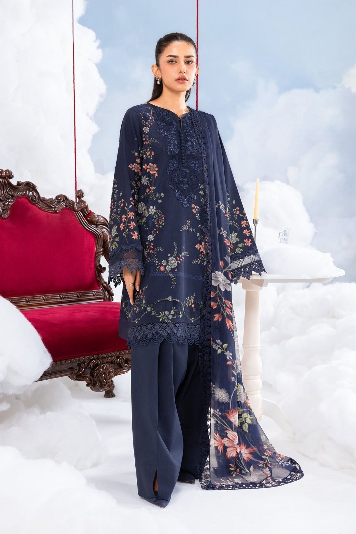 Maria B | M Basics Dreamscape Eid Lawn | MB-CUSV14-07B-Brand:Maria B-Type:Ladies Clothes-Navy Blue-Lawn-House of Maryam- Buy in UK, USA