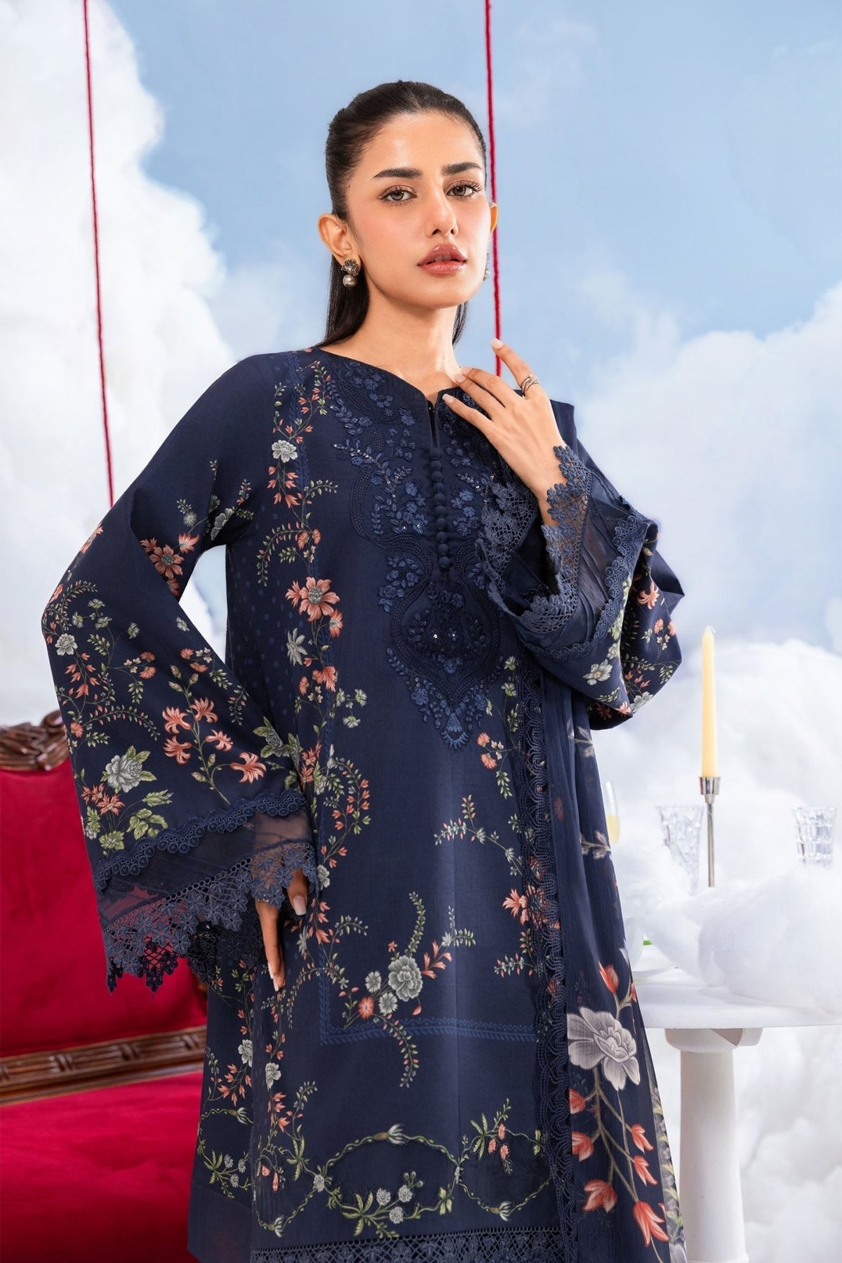 Maria B | M Basics Dreamscape Eid Lawn | MB-CUSV14-07B-Brand:Maria B-Type:Ladies Clothes-Navy Blue-Lawn-House of Maryam- Buy in UK, USA
