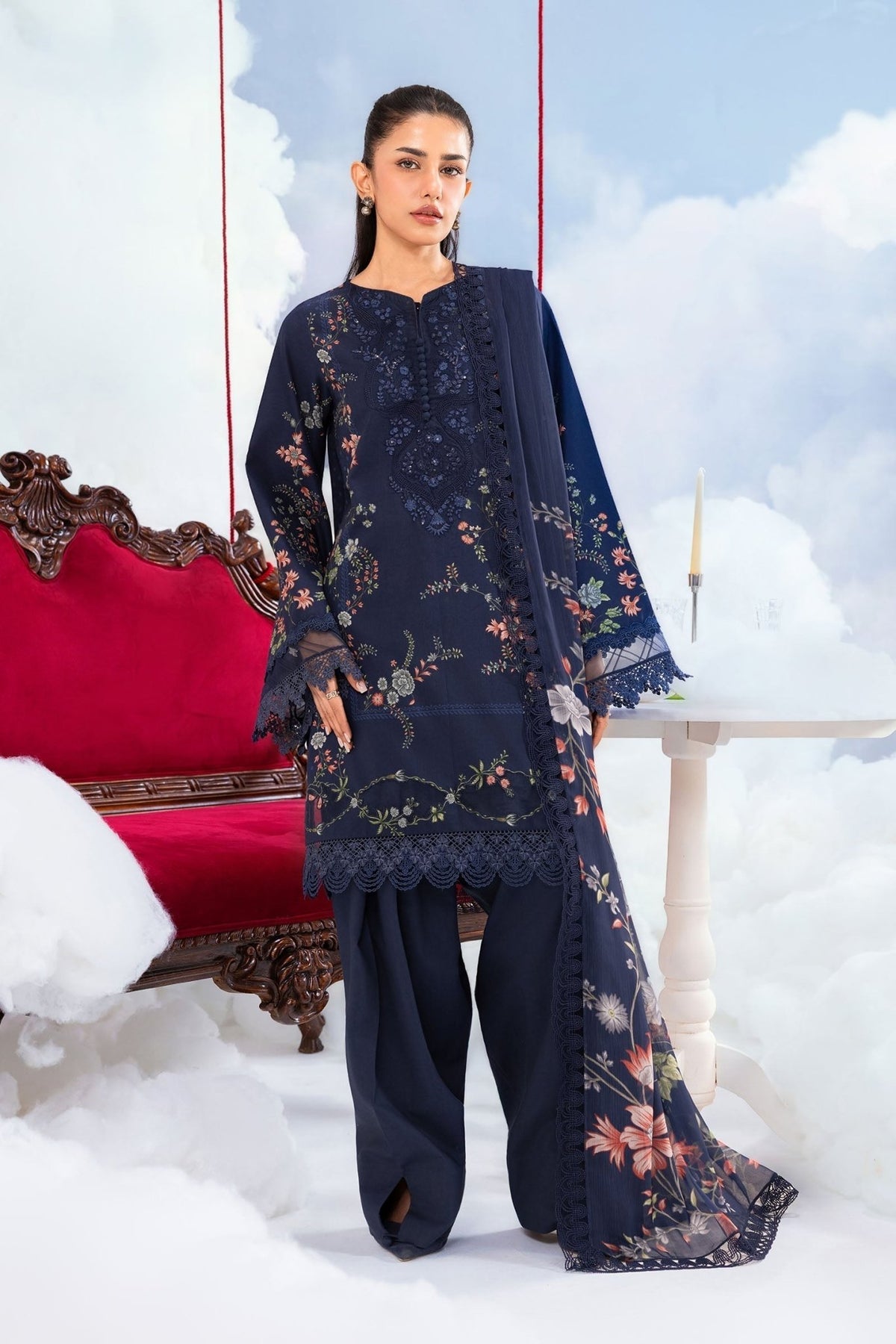 Maria B | M Basics Dreamscape Eid Lawn | MB-CUSV14-07B-Brand:Maria B-Type:Ladies Clothes-Navy Blue-Lawn-House of Maryam- Buy in UK, USA