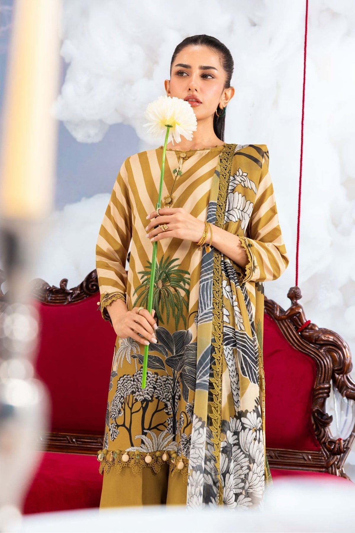 Maria B | M Basics Dreamscape Eid Lawn | MB-CUSV14-08A-Brand:Maria B-Type:Ladies Clothes-Mustard-Lawn-House of Maryam- Buy in UK, USA