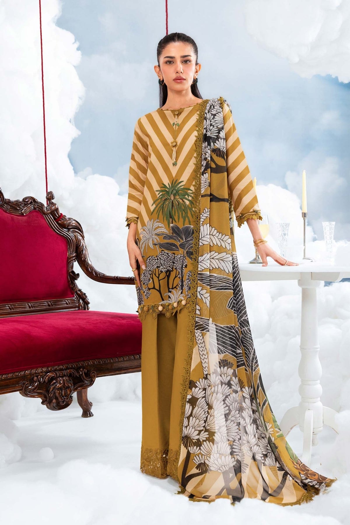 Maria B | M Basics Dreamscape Eid Lawn | MB-CUSV14-08A-Brand:Maria B-Type:Ladies Clothes-Mustard-Lawn-House of Maryam- Buy in UK, USA