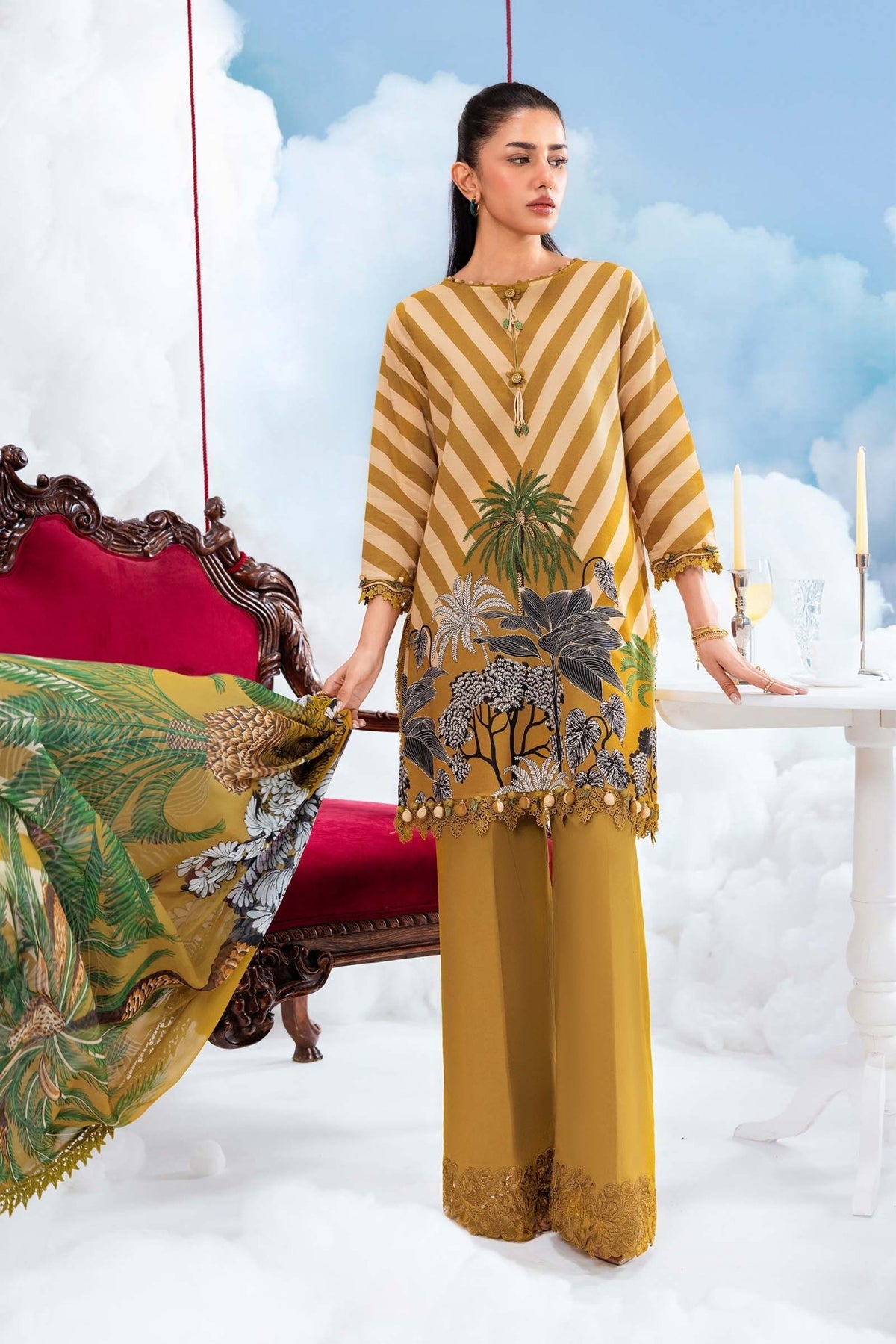 Maria B | M Basics Dreamscape Eid Lawn | MB-CUSV14-08A-Brand:Maria B-Type:Ladies Clothes-Mustard-Lawn-House of Maryam- Buy in UK, USA