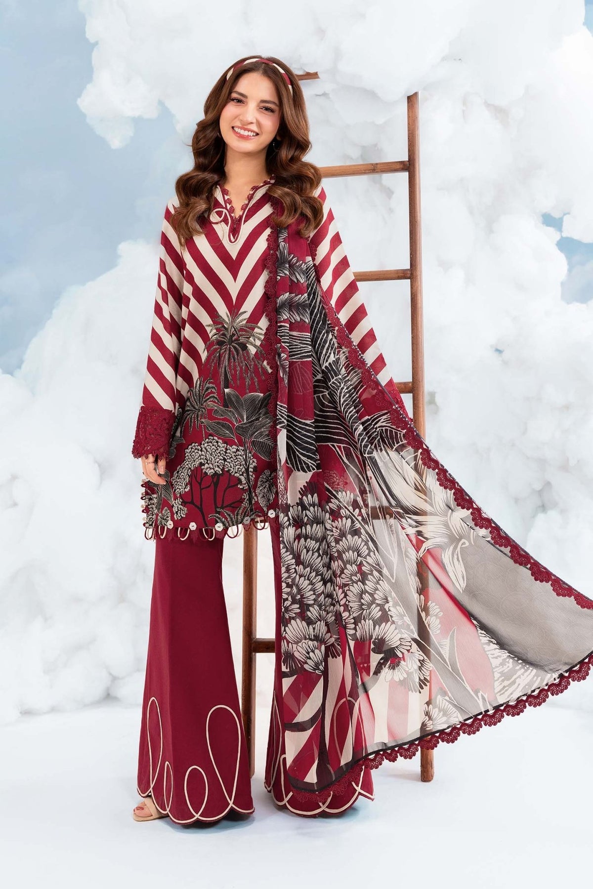 Maria B | M Basics Dreamscape Eid Lawn | MB-CUSV14-08B-Brand:Maria B-Type:Ladies Clothes-Carmine-Lawn-House of Maryam- Buy in UK, USA