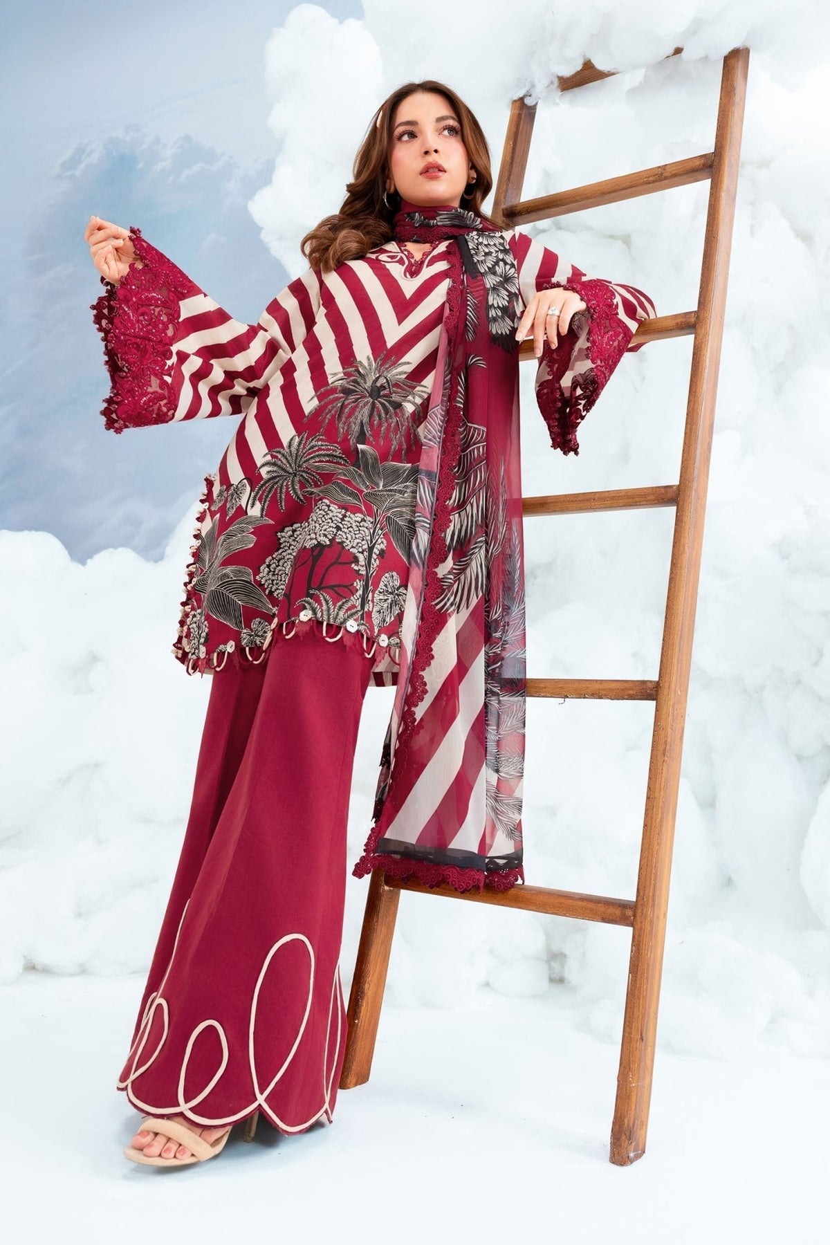 Maria B | M Basics Dreamscape Eid Lawn | MB-CUSV14-08B-Brand:Maria B-Type:Ladies Clothes-Carmine-Lawn-House of Maryam- Buy in UK, USA